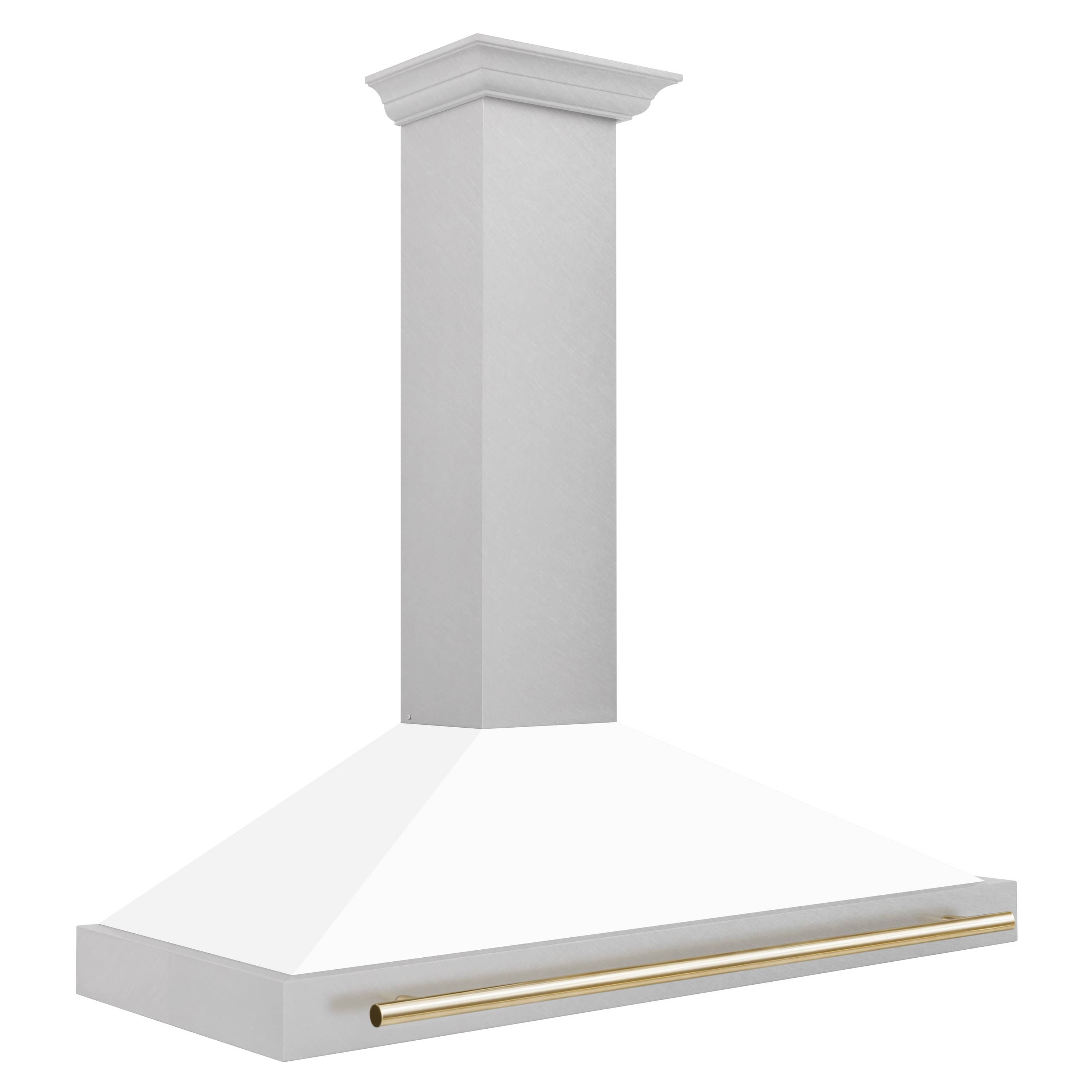 White wall-mounted range hood with gold accent bar on the front edge of the canopy.