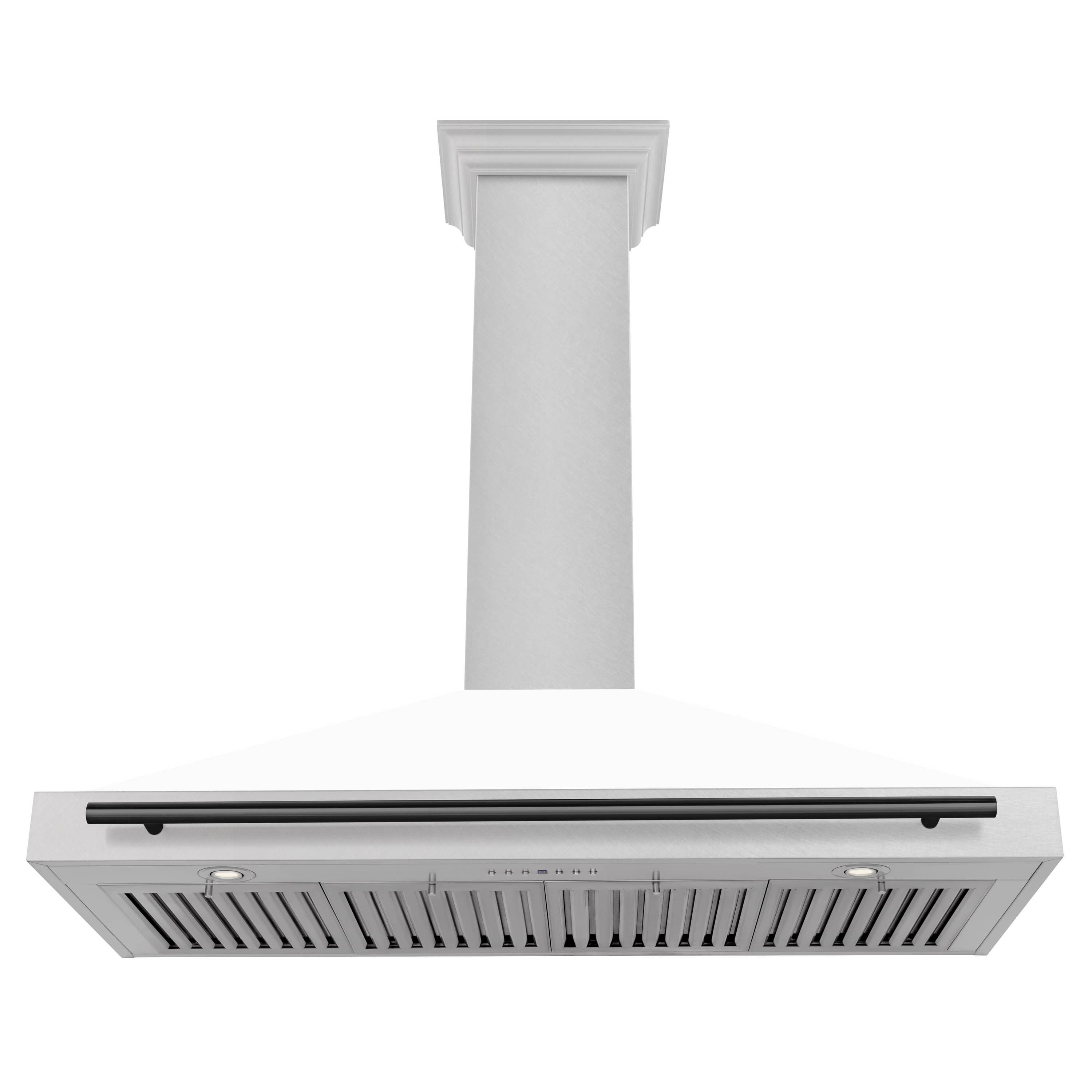 Range hood underside with perforated vent grille and matte black control bar