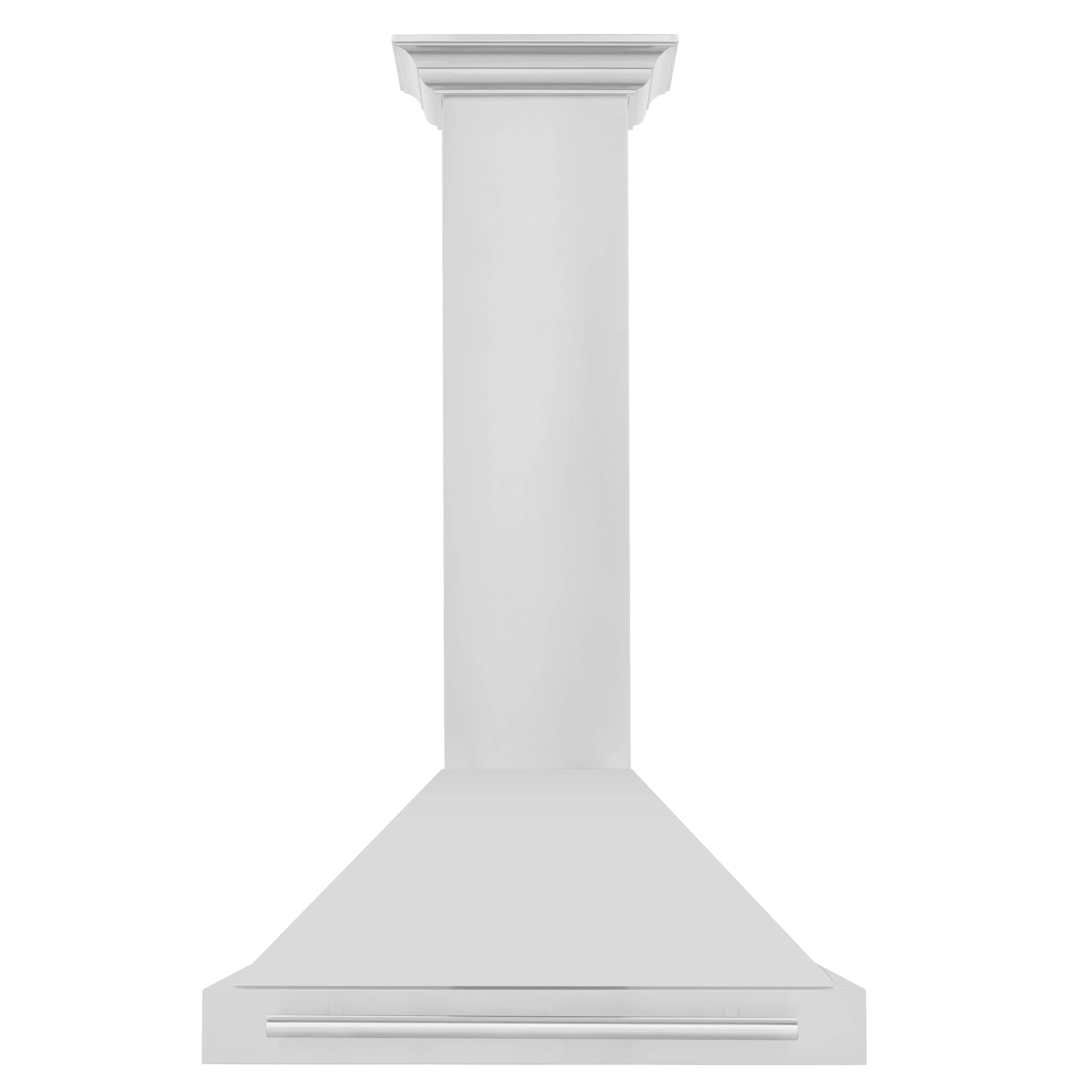 Wall-mounted stainless steel range hood with tall chimney column and flat vent canopy