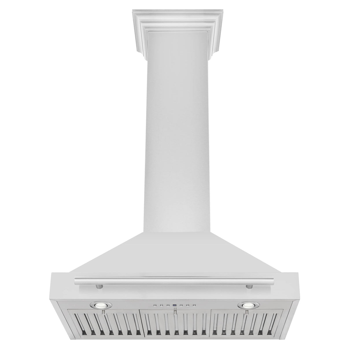 Wall-mounted stainless steel range hood underside with vent filter grille and control buttons