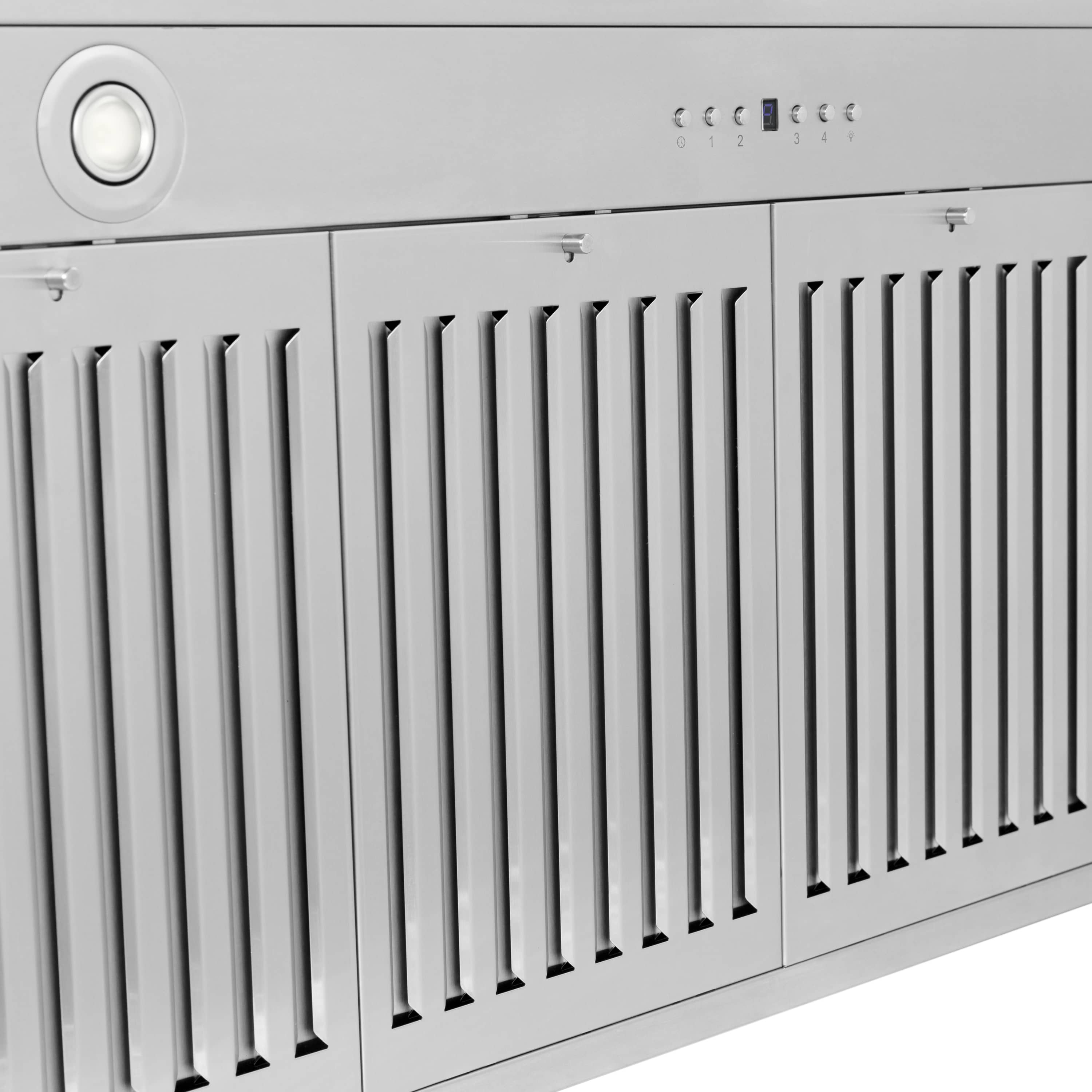Range hood vent grille close-up with control buttons on white front panel