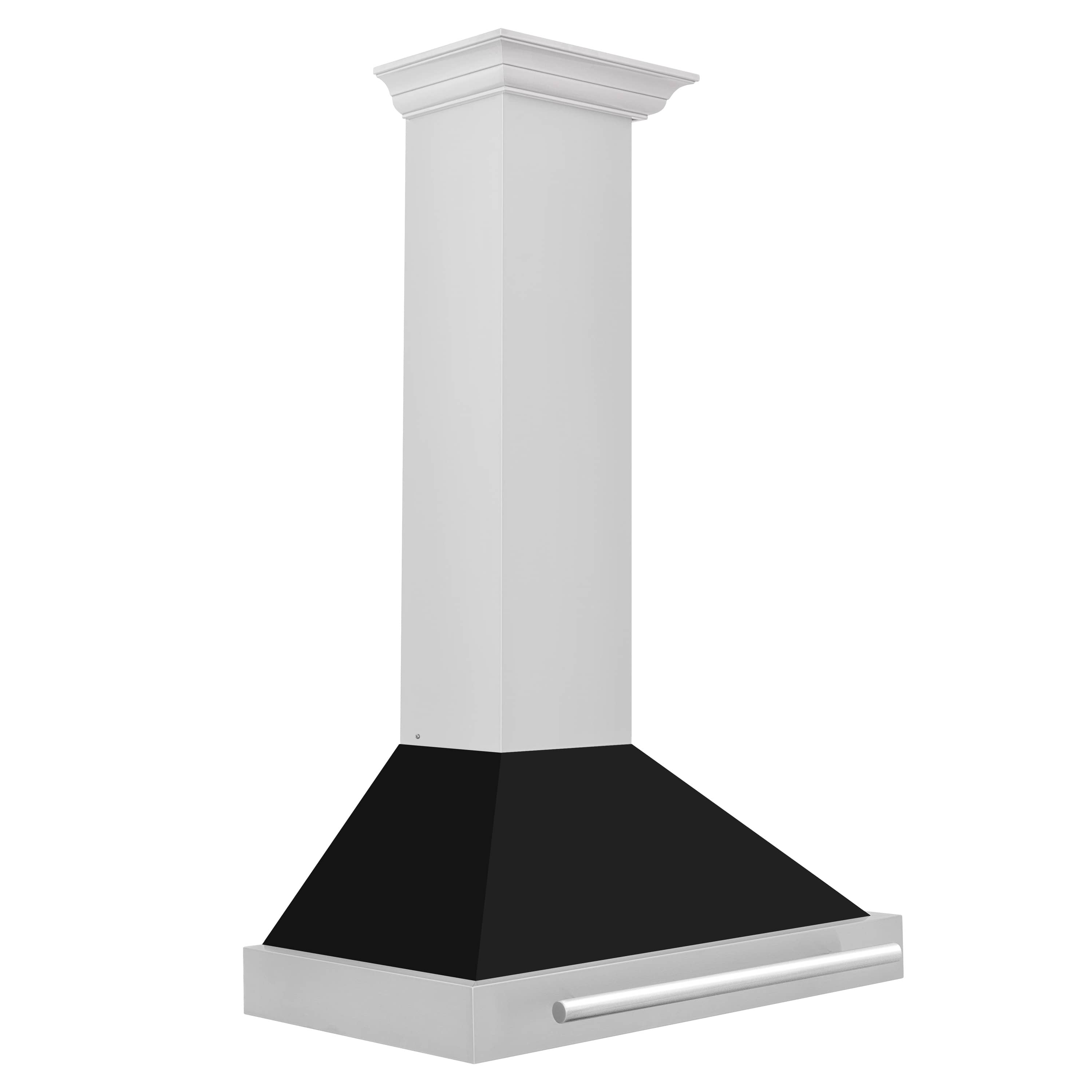 Wall-mounted range hood with white chimney, black matte canopy, stainless steel front panel