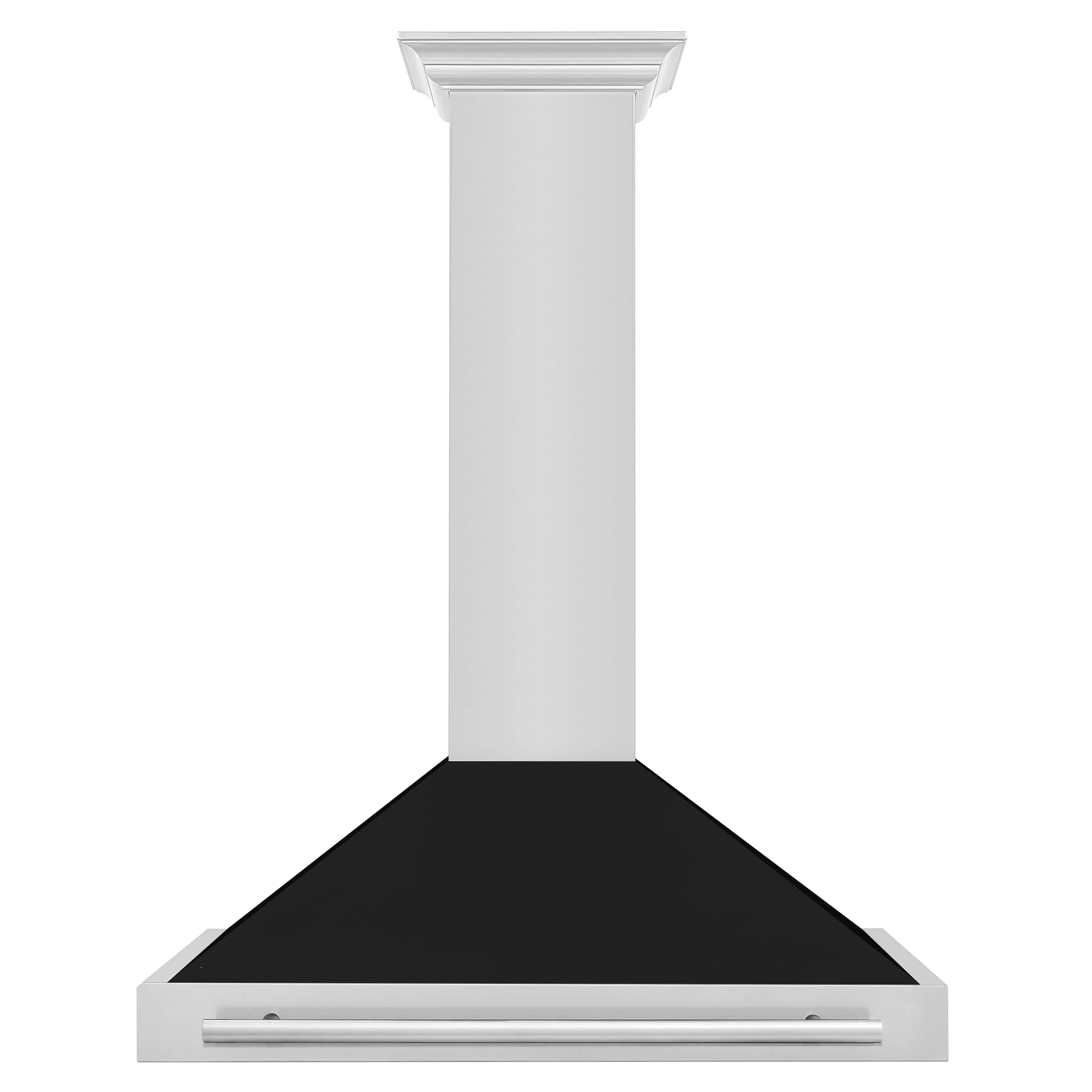 Wall-mounted range hood with white chimney and dark stainless baffle