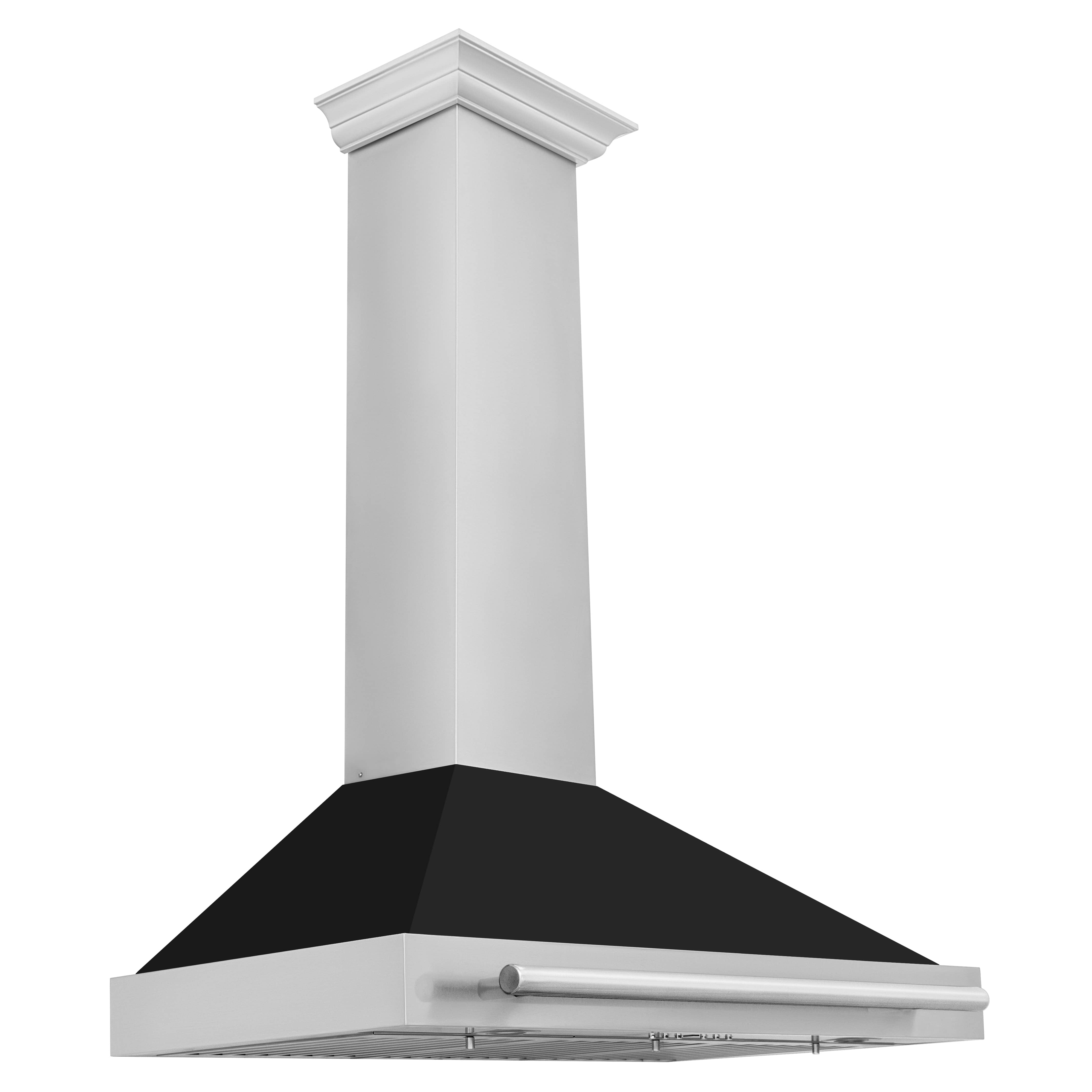 Wall-mounted range hood with white chimney, dark canopy, and silver front handle