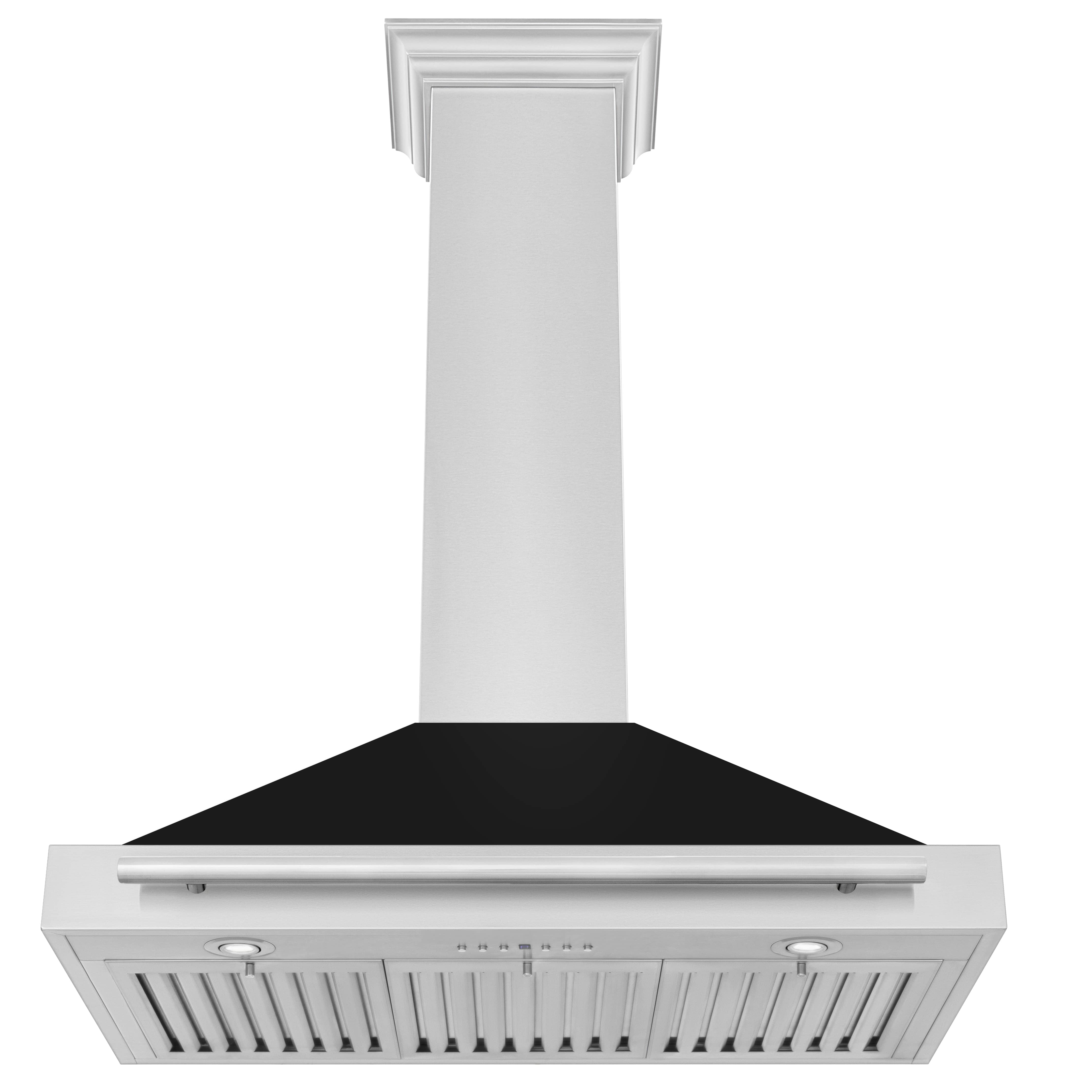 Wall-mounted range hood with white chimney and stainless underside vent grille