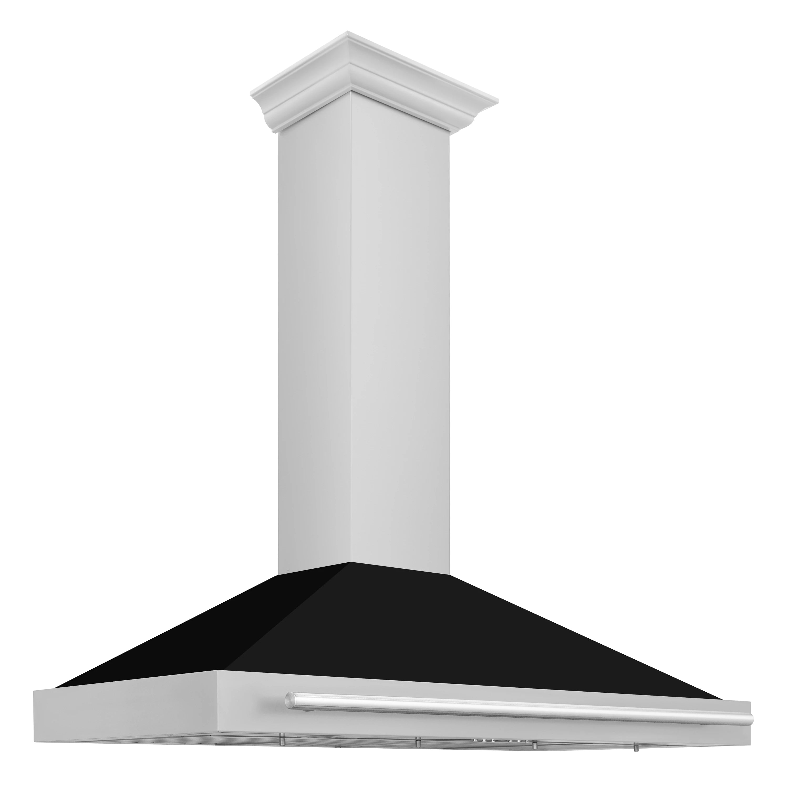 Wall-mounted range hood with stainless chimney column and black angled canopy