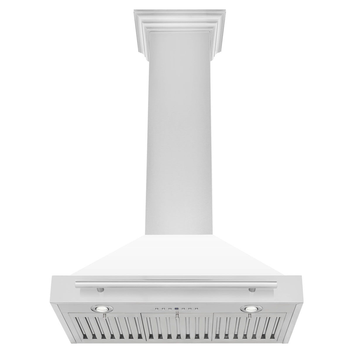 Wall-mounted range hood with white chimney and stainless baffle filter panel