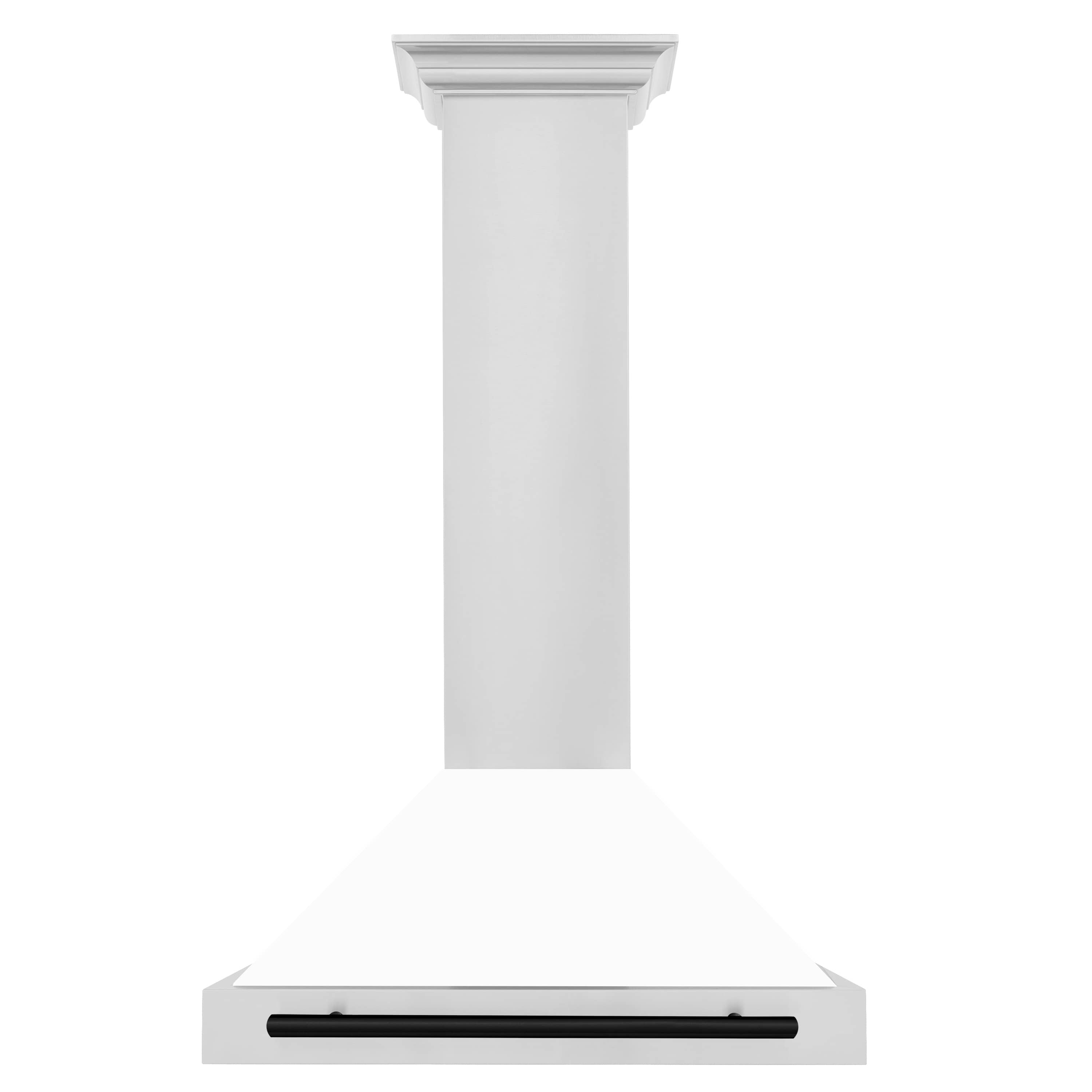 Wall-mounted white matte range hood with matte black vent bar, front view