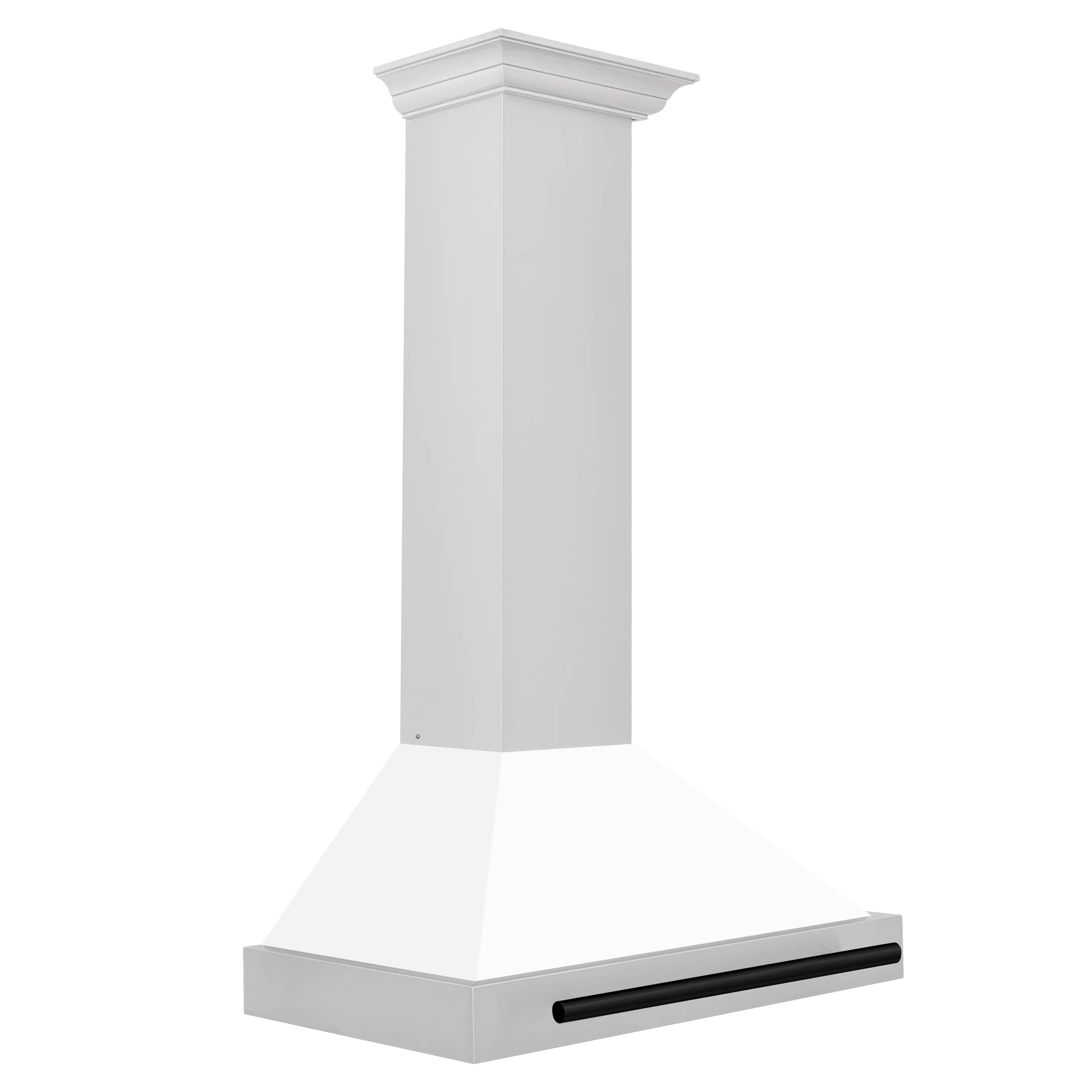 Wall-mounted range hood with white matte chimney and matte black vent bar