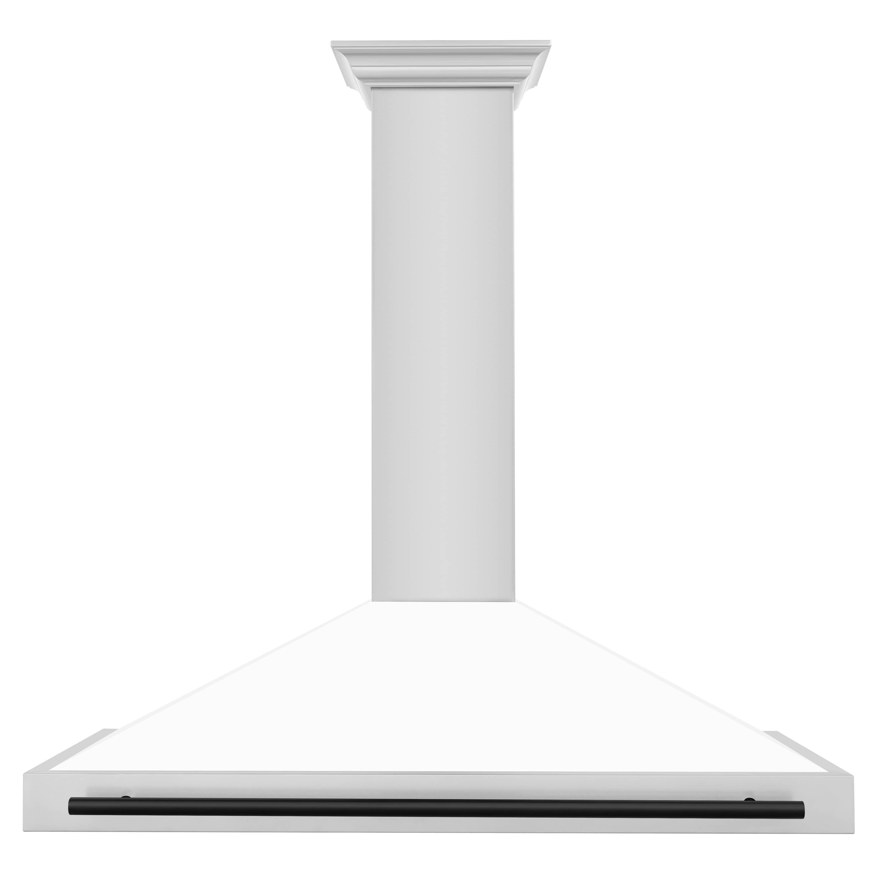 White matte chimney-style wall range hood with long black vent bar
