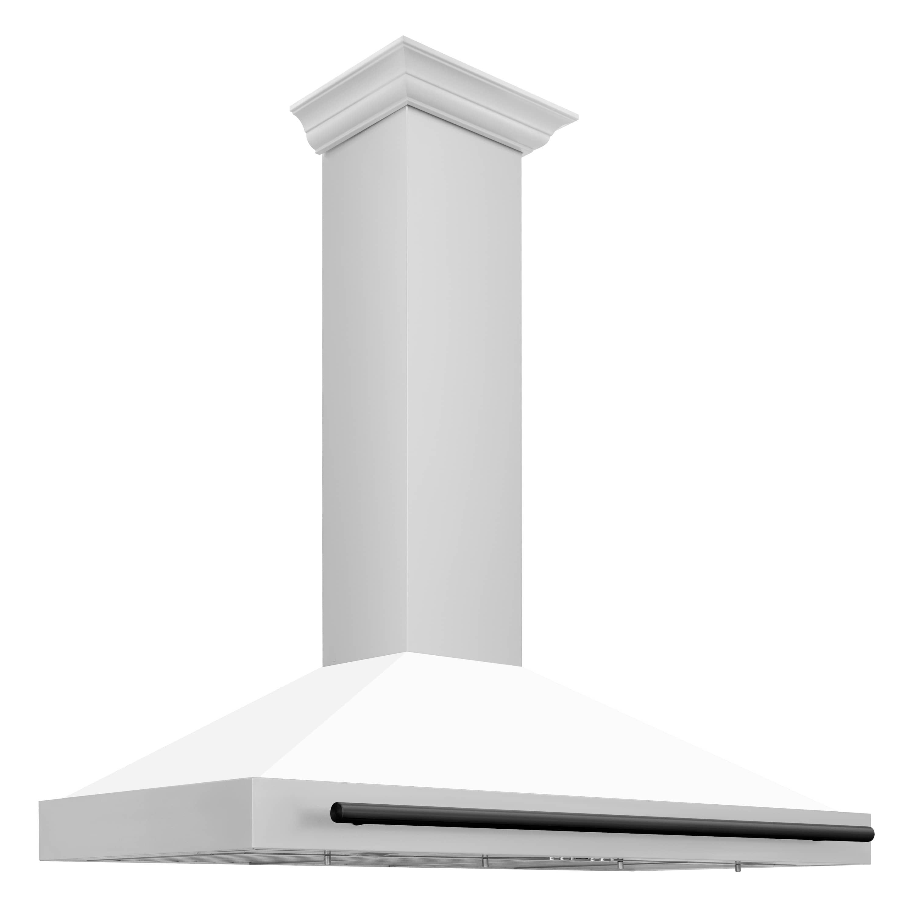 White matte wall-mounted range hood with black front vent bar and side panel details