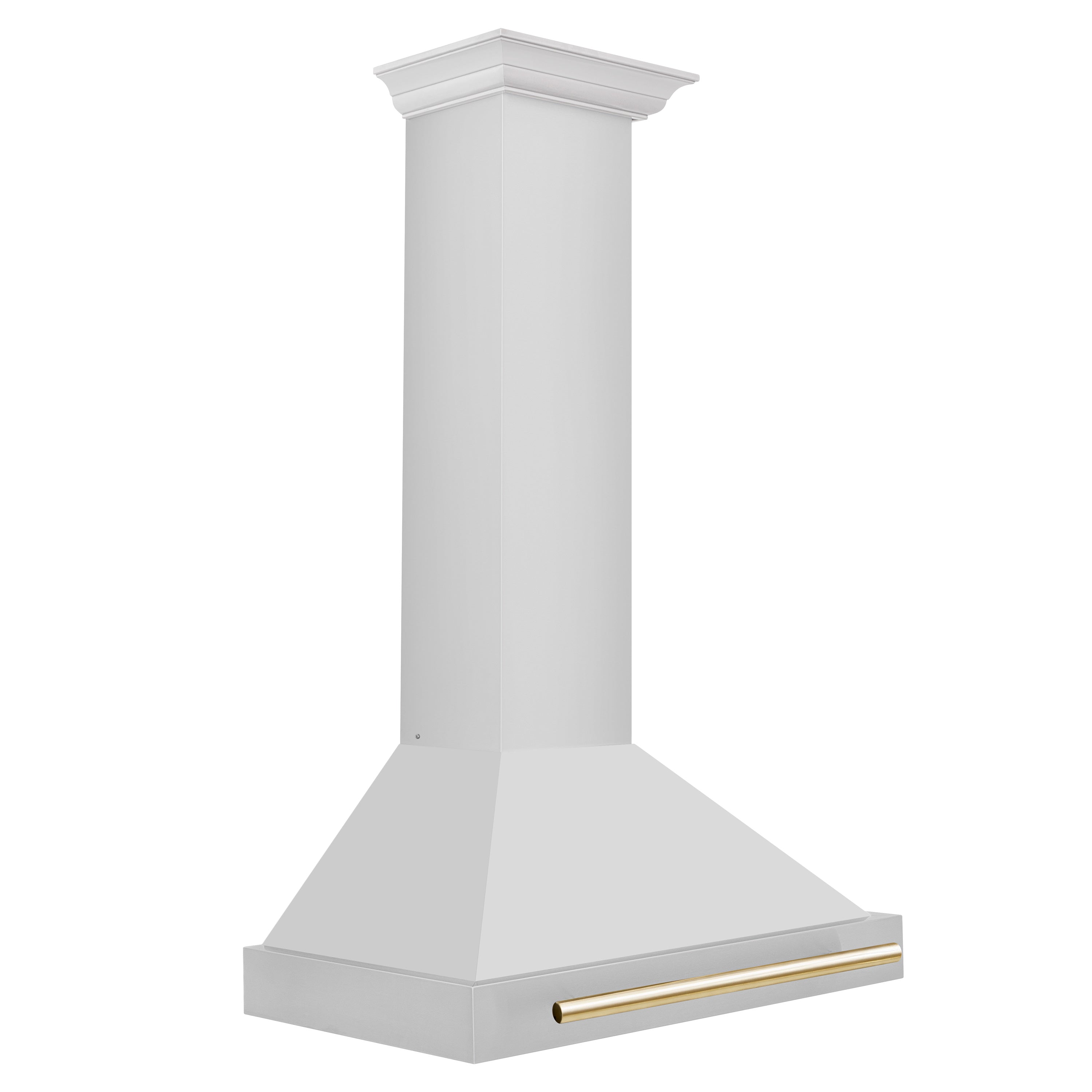 Wall-mounted range hood in white with gold trim and wide chimney base