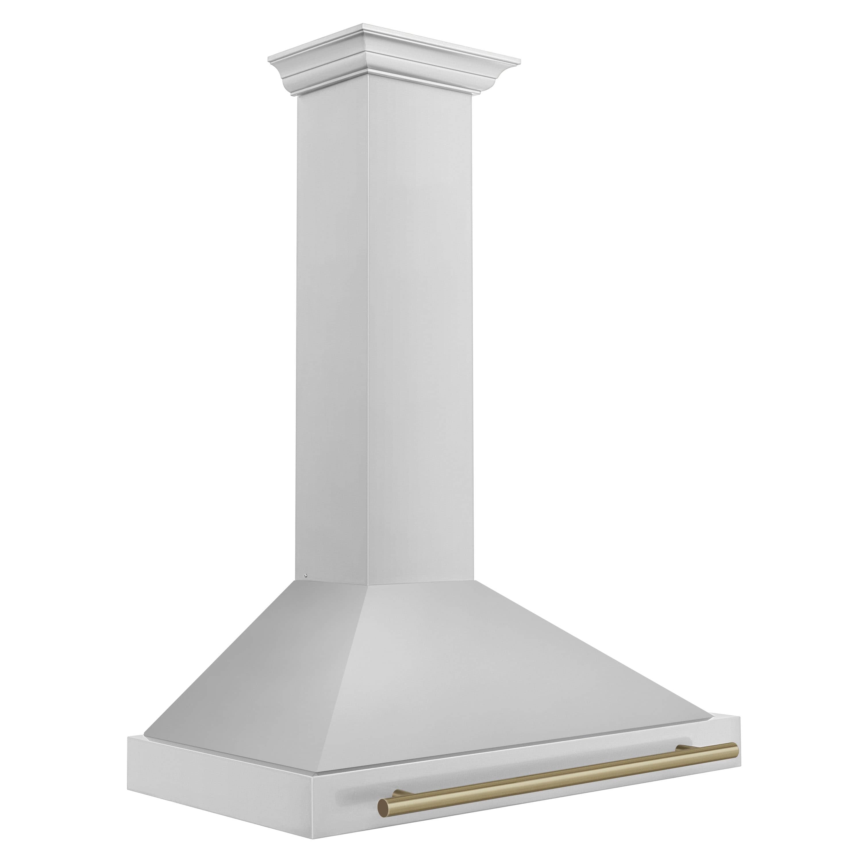 Stainless steel wall range hood with champagne bronze accent bar on the front panel