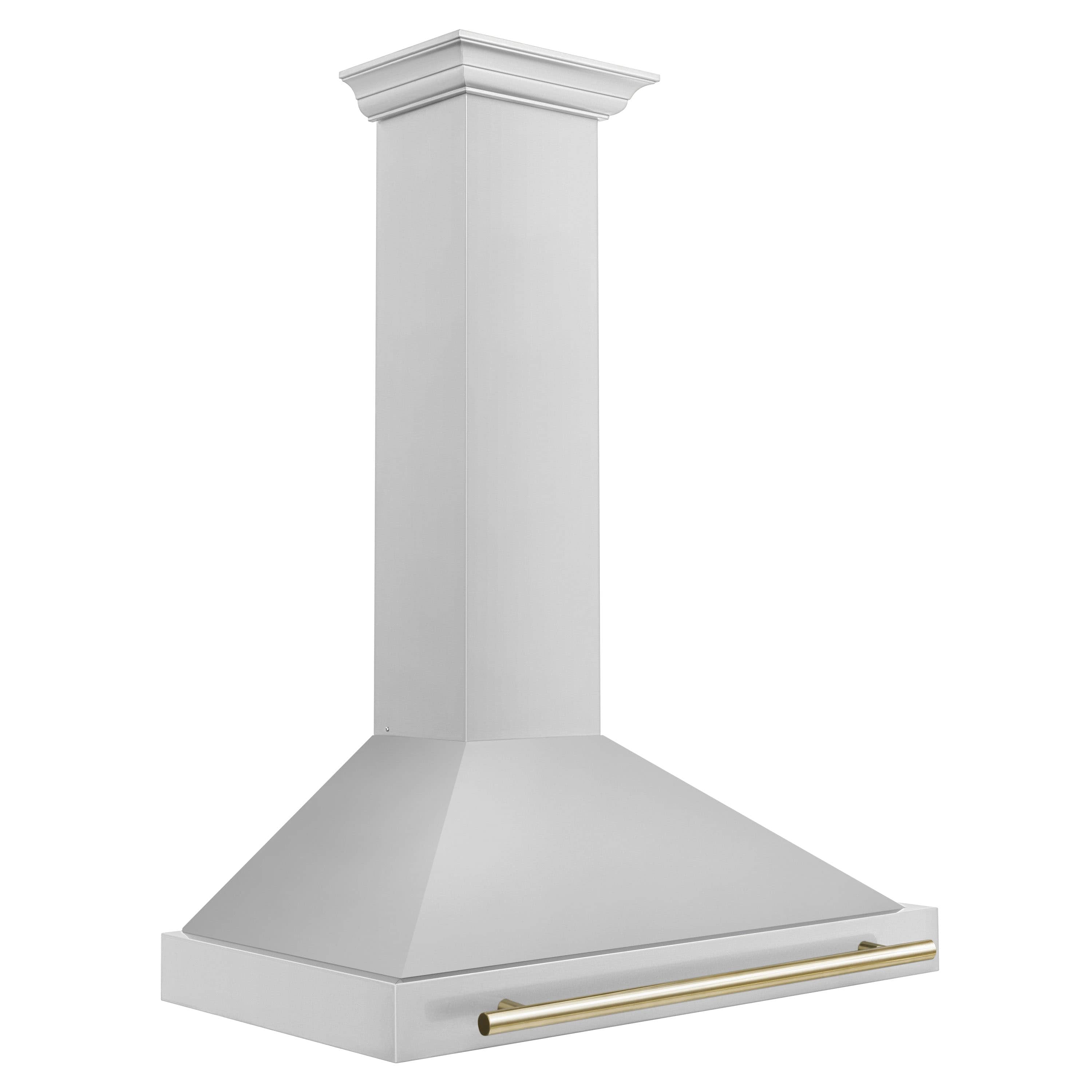 Wall-mounted chimney range hood, white stainless with gold trim on the lower edge