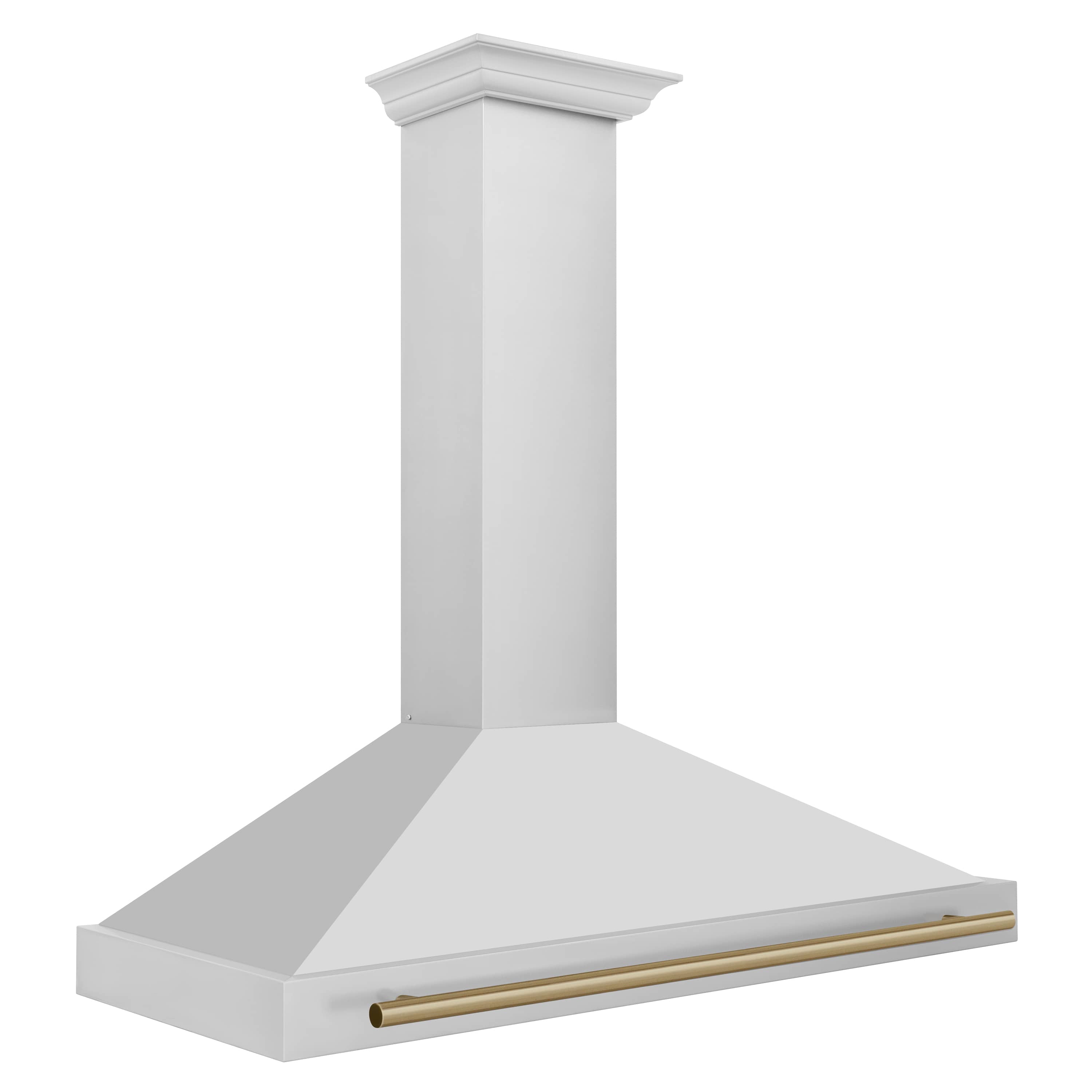 Wall-mounted range hood with white body and gold-accented horizontal trim
