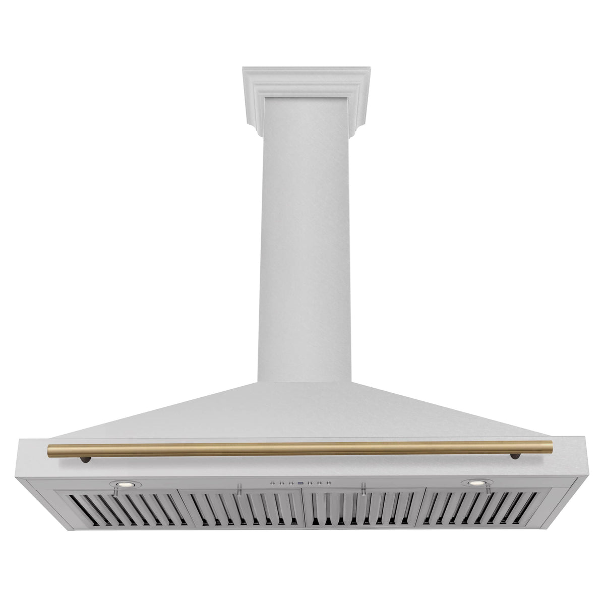 Wall-mounted range hood canopy with satin stainless vent grille and champagne bronze bar