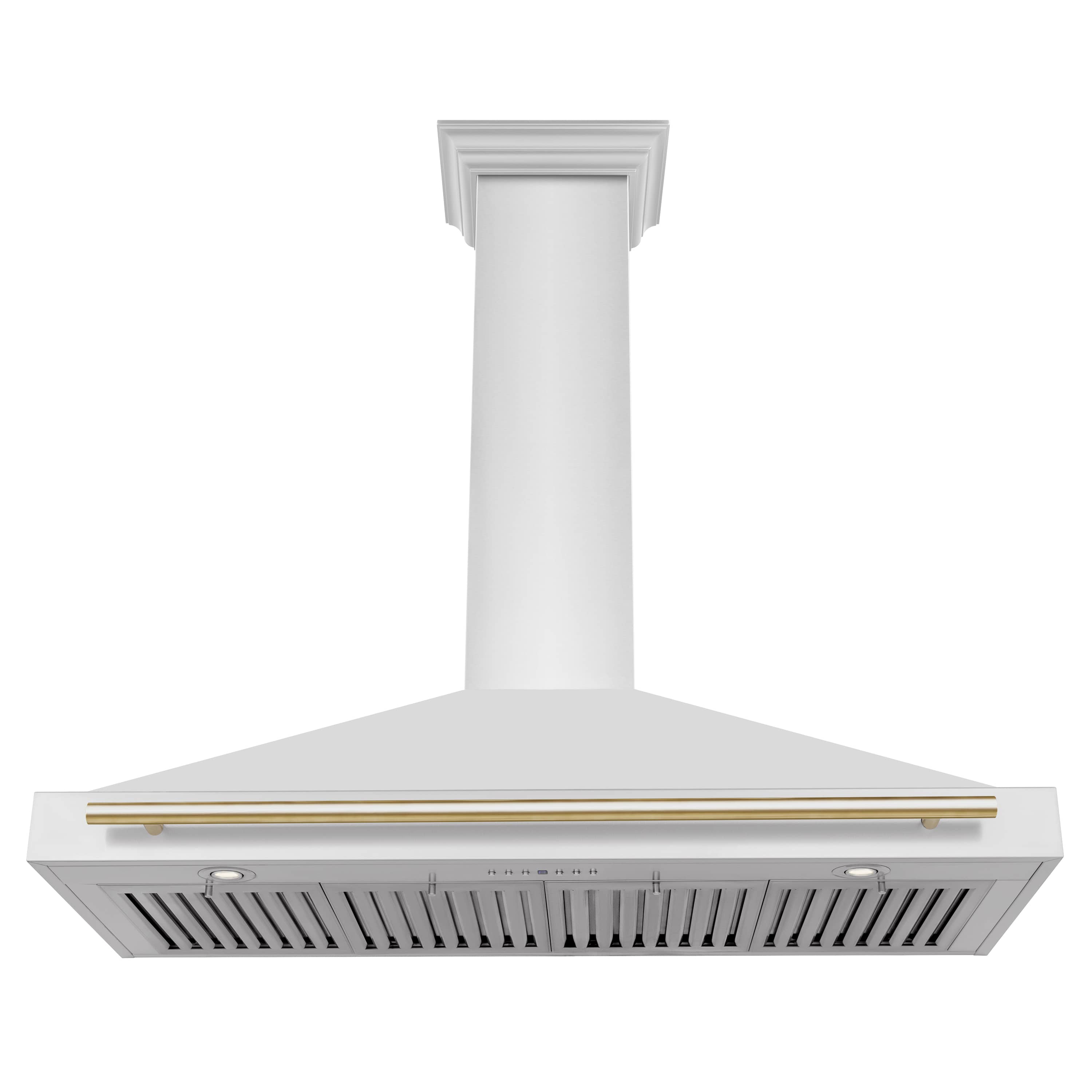 Wall-mounted range hood with white chimney and gold trim on the underside