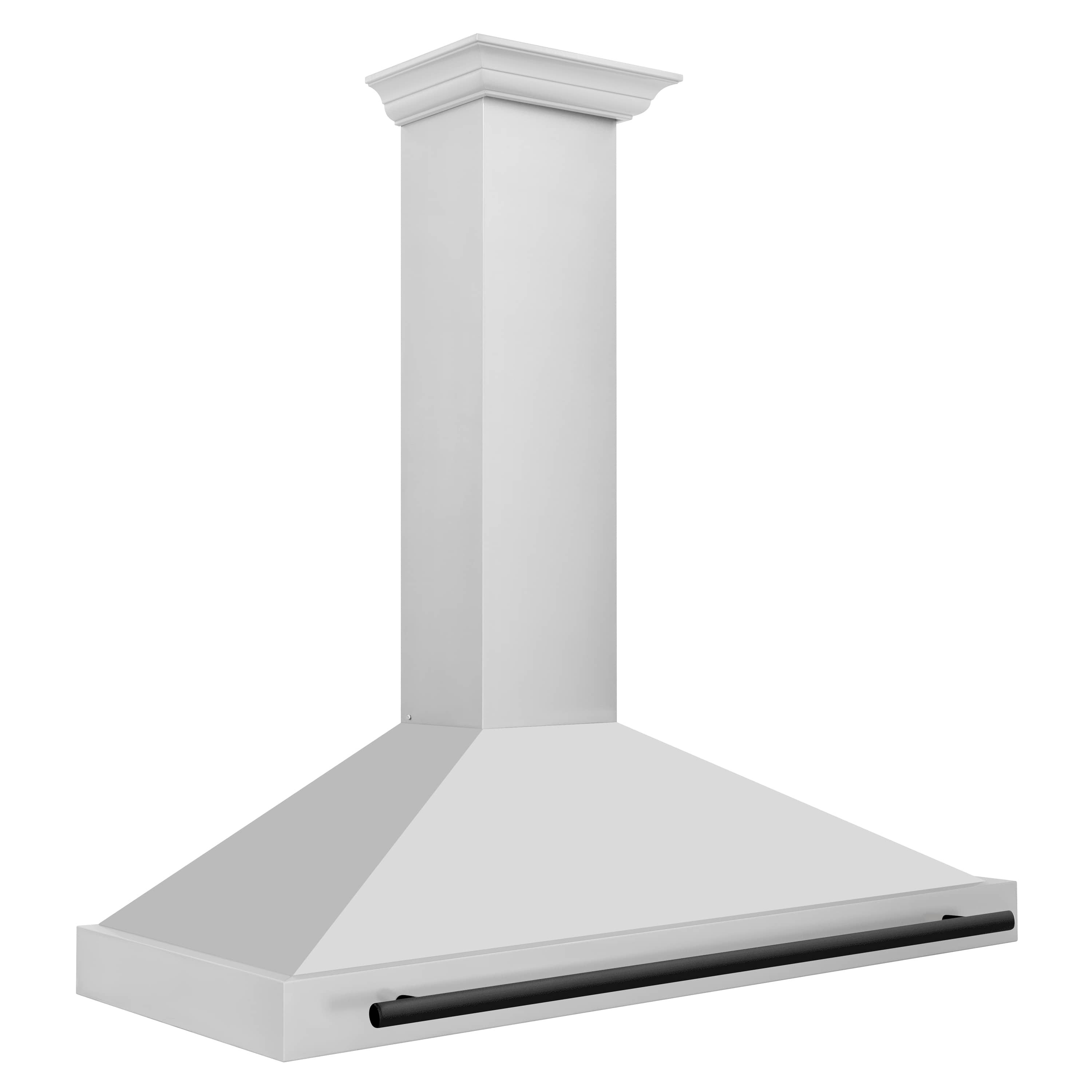 Stainless chimney range hood with matte black side bar trim and wide hood canopy