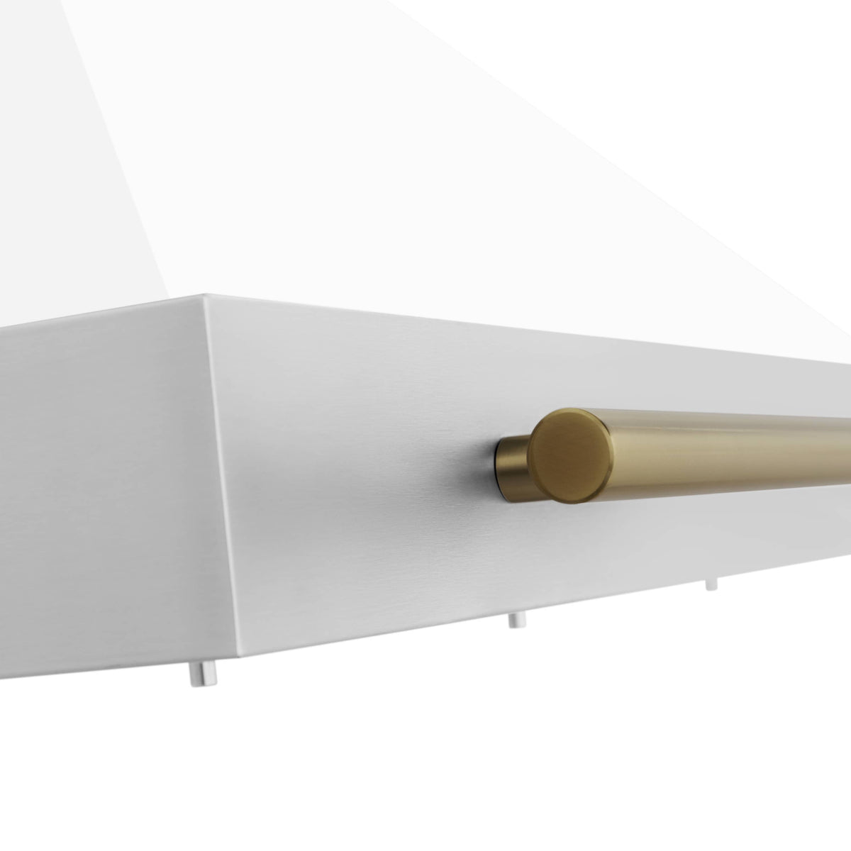 Close-up of white hood canopy edge with champagne bronze rail handle