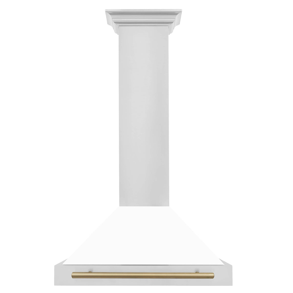 White wall-mounted range hood with champagne bronze horizontal underlight bar