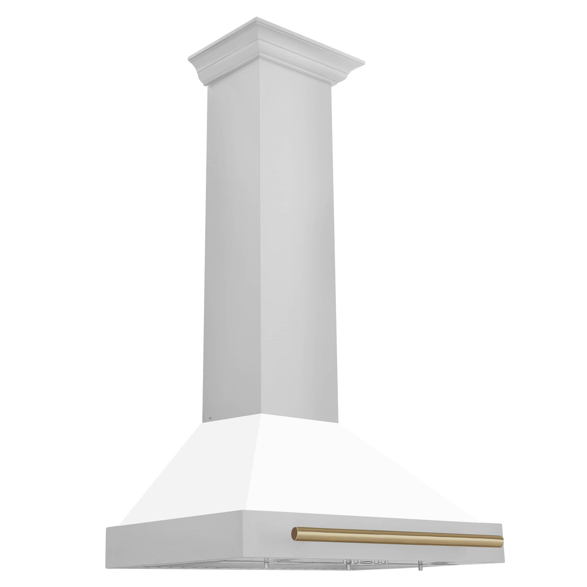 White wall range hood with champagne bronze rail and wide chimney backsplash