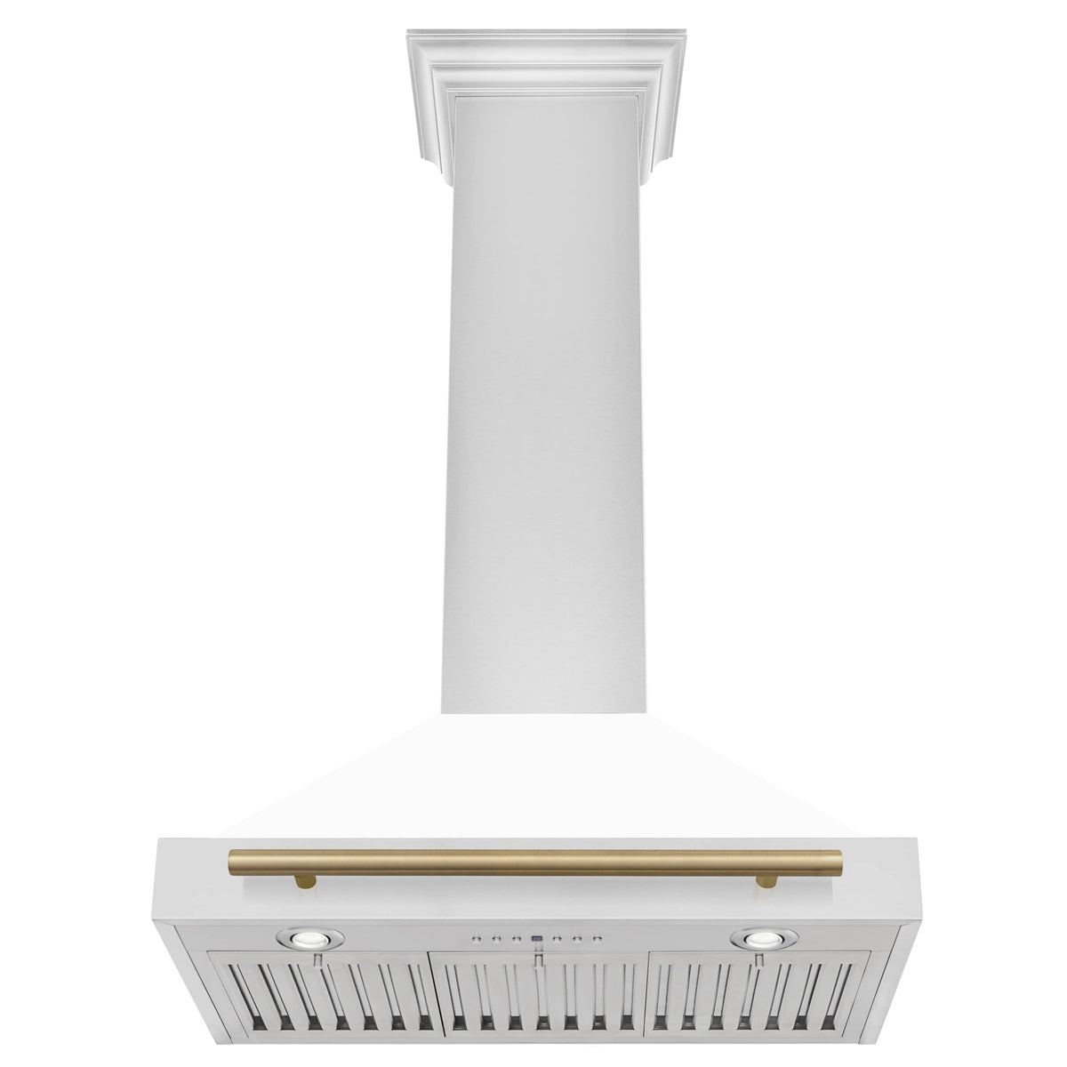 White wall-mounted range hood with champagne bronze trim and vented underside