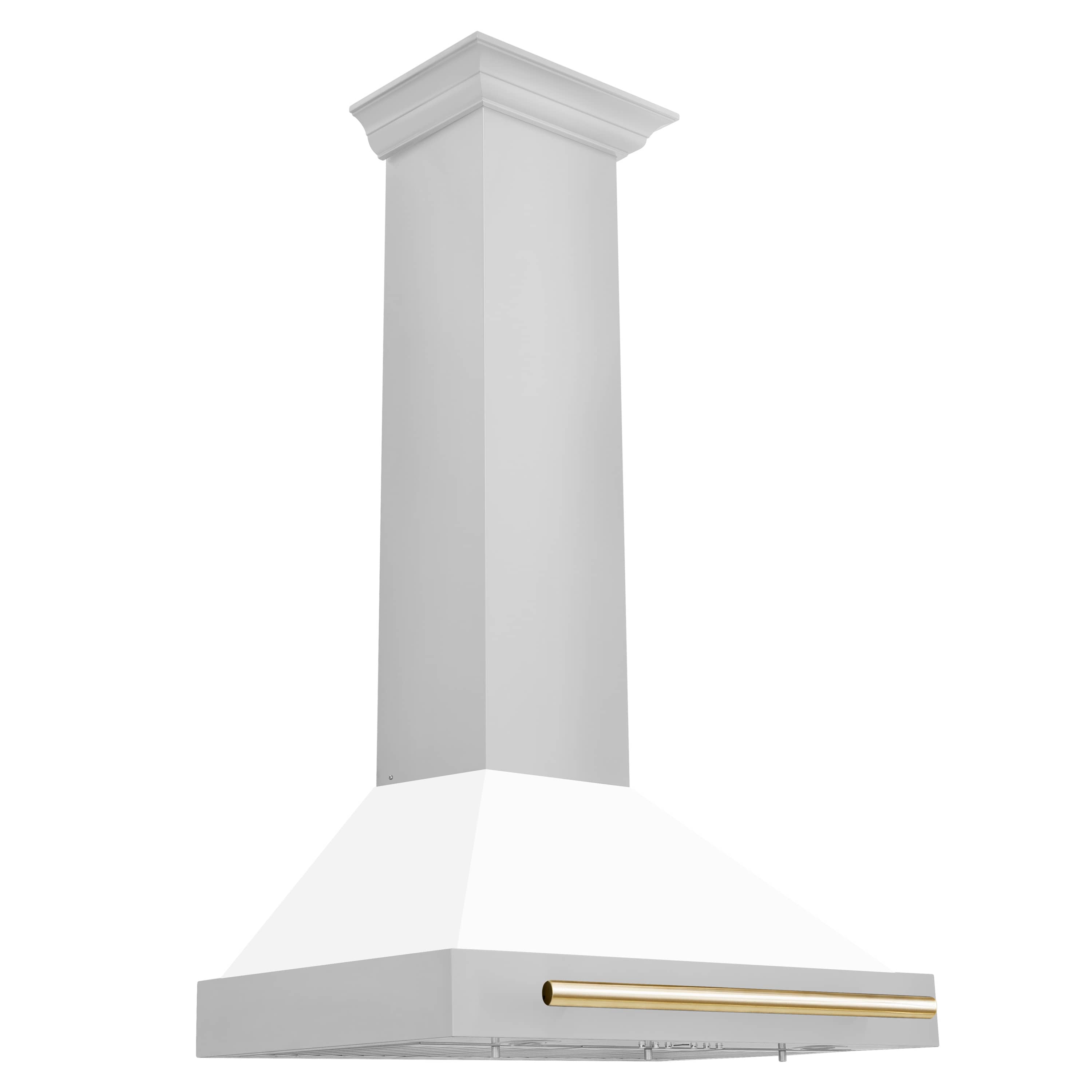 Wall-mounted range hood with white matte chimney and gold-accented front vent strip