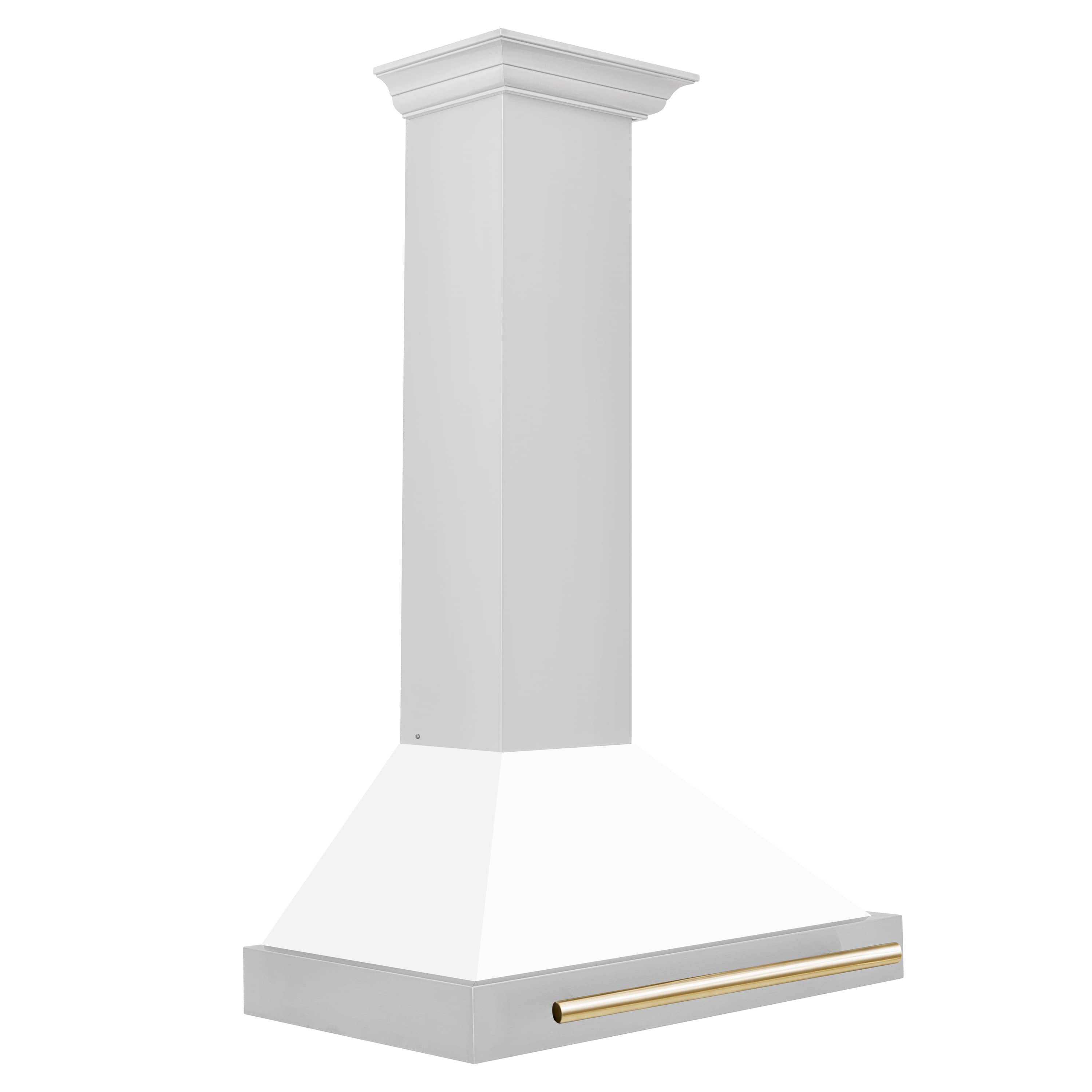 Wall-mounted range hood white matte shell with gold horizontal vent bar and canopy