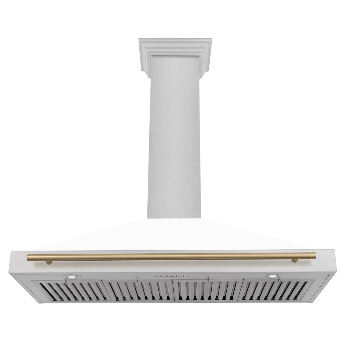 Wall mounted range hood with white chimney and stainless vent grille below