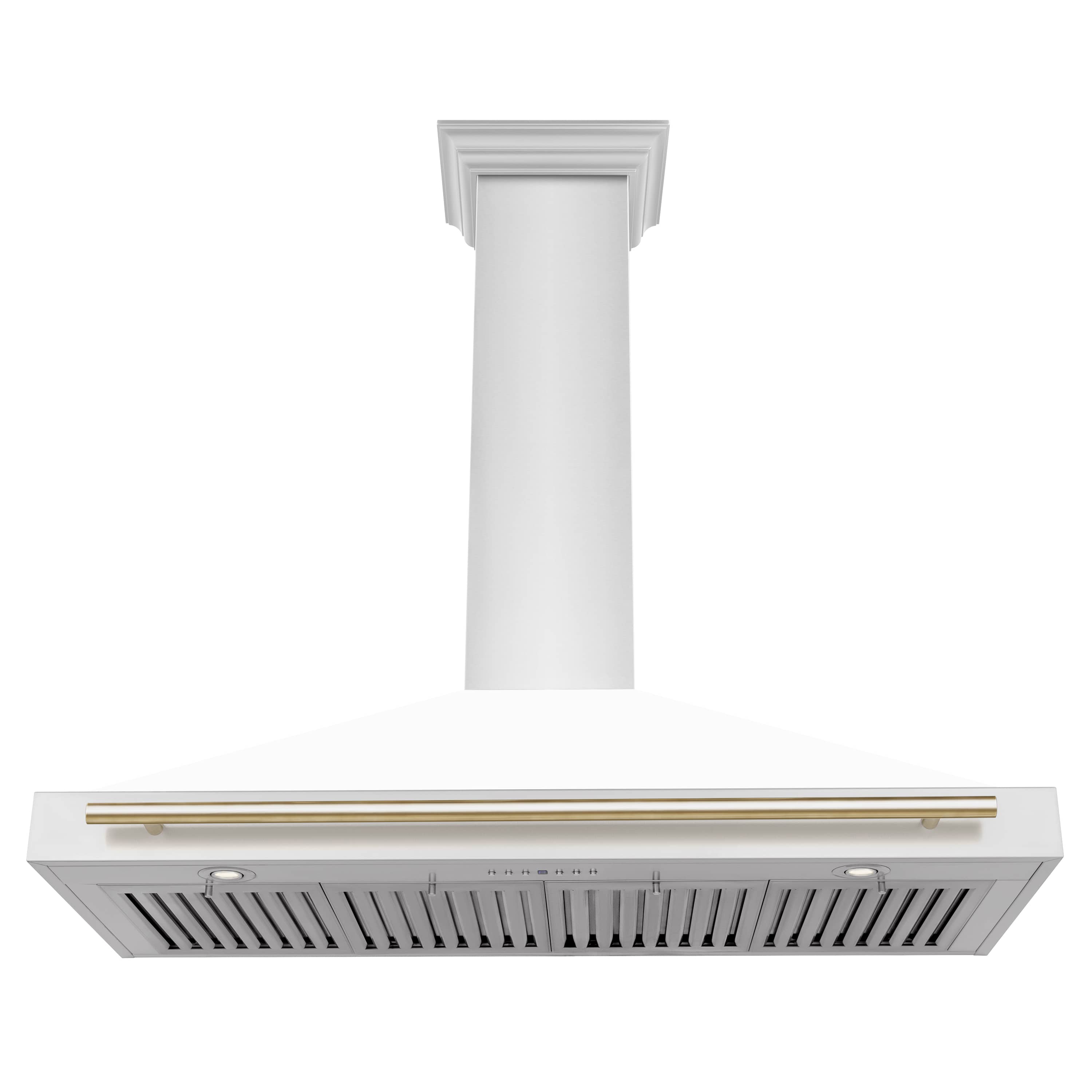 White wall-mounted range hood underside with gold edge strip and vent grilles