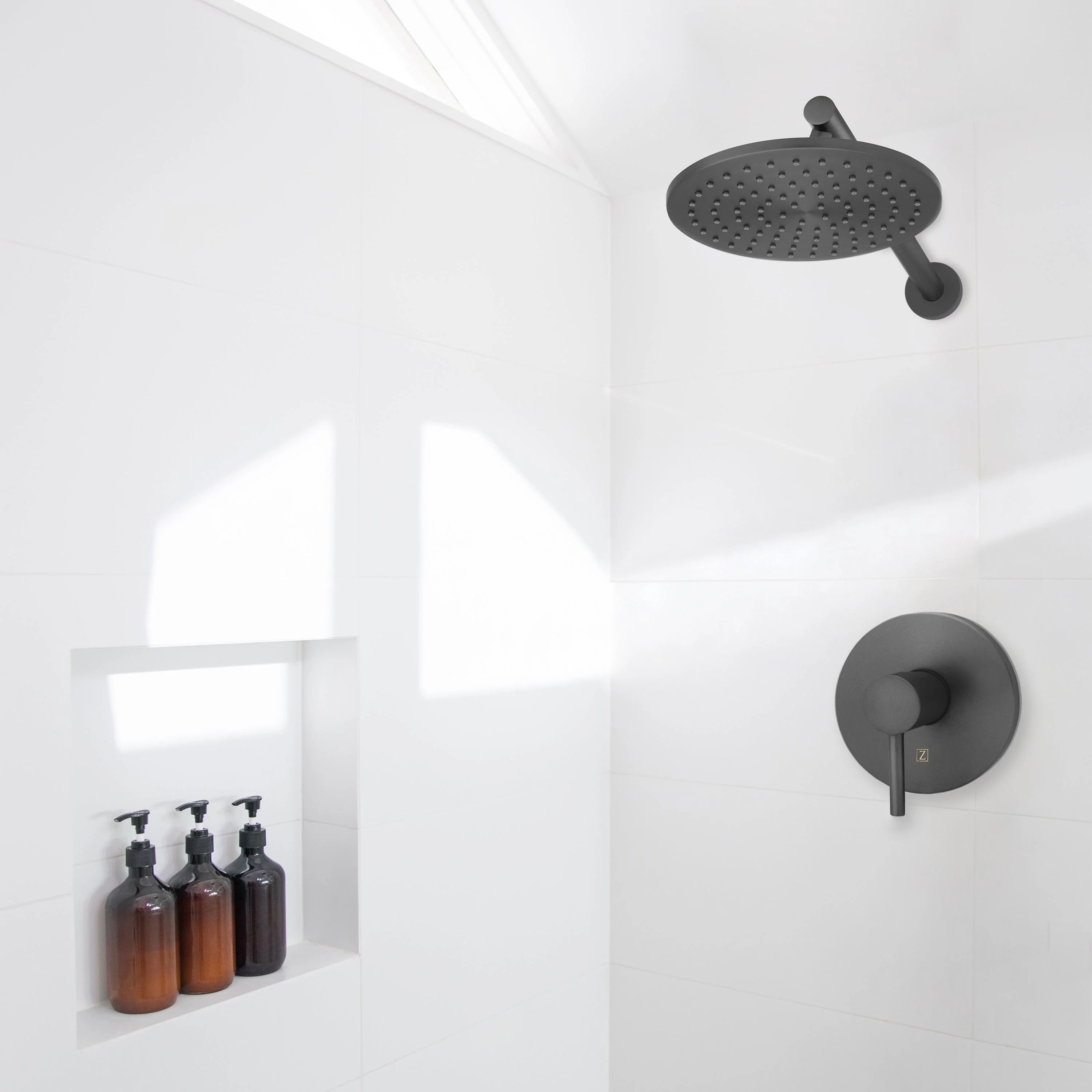 Gun metal shower faucet set with overhead round showerhead and wall-mounted control