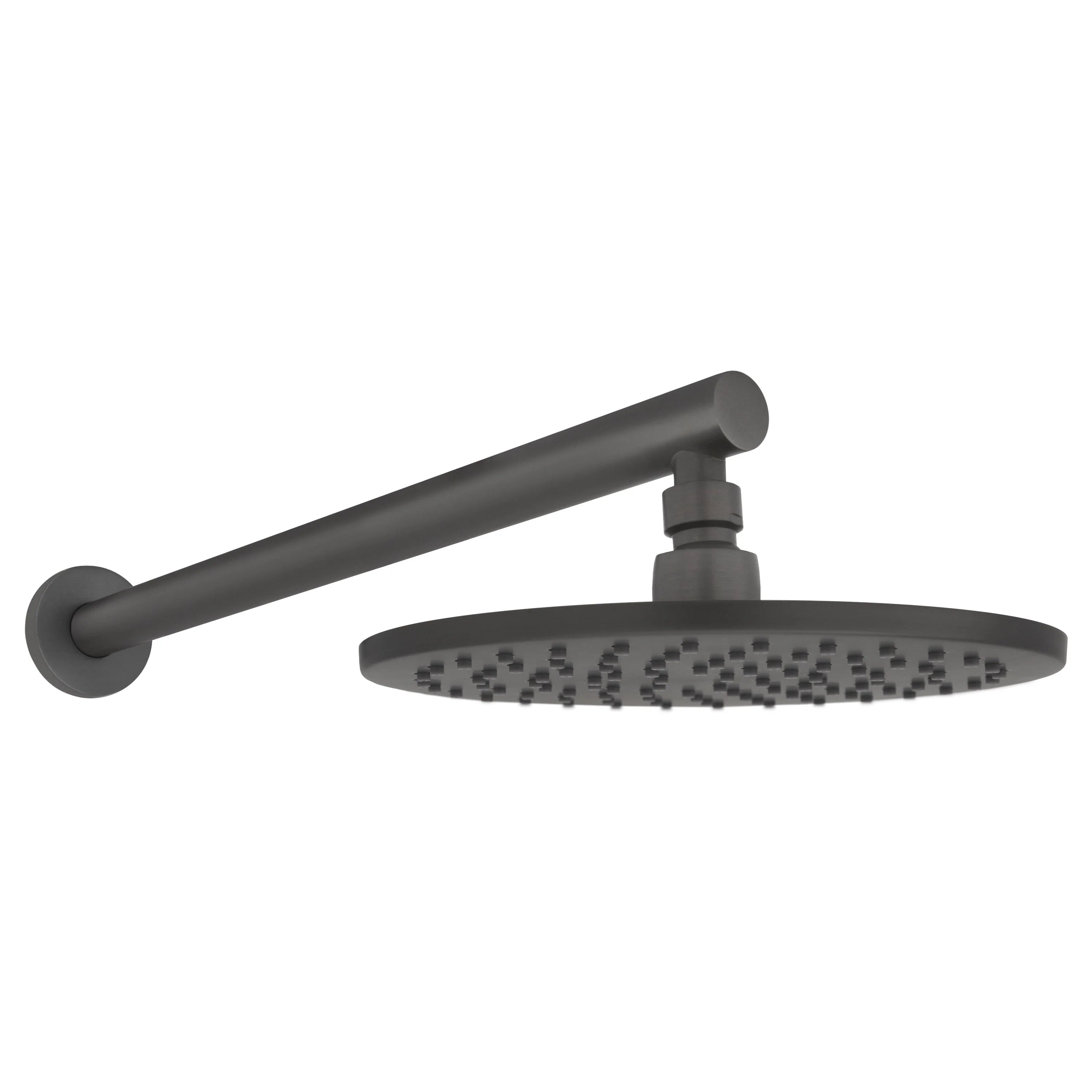 Gun metal shower faucet with long arm, overhead showerhead, and wall connection
