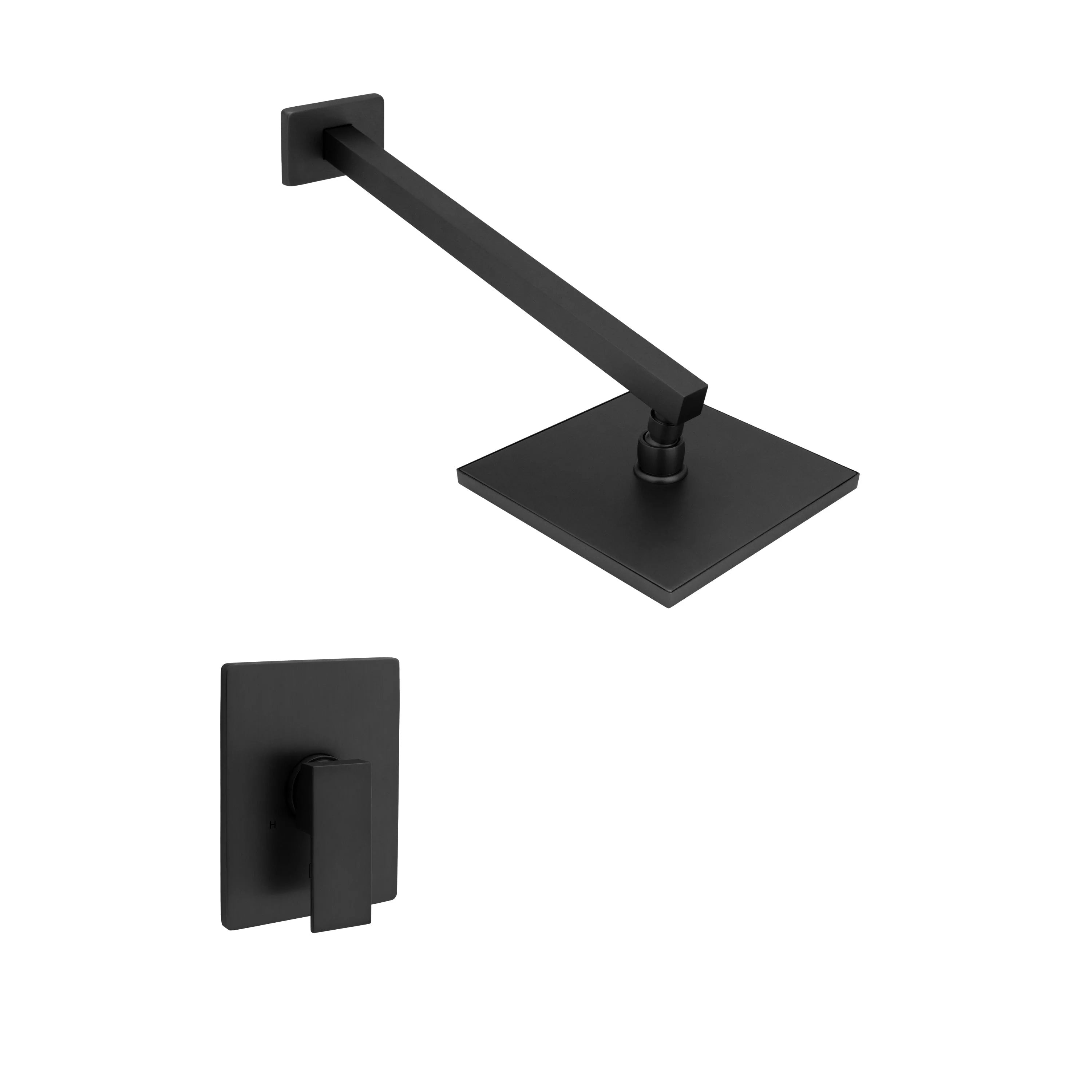 Matte black wall-mounted shower faucet trim with square plate and angled spout