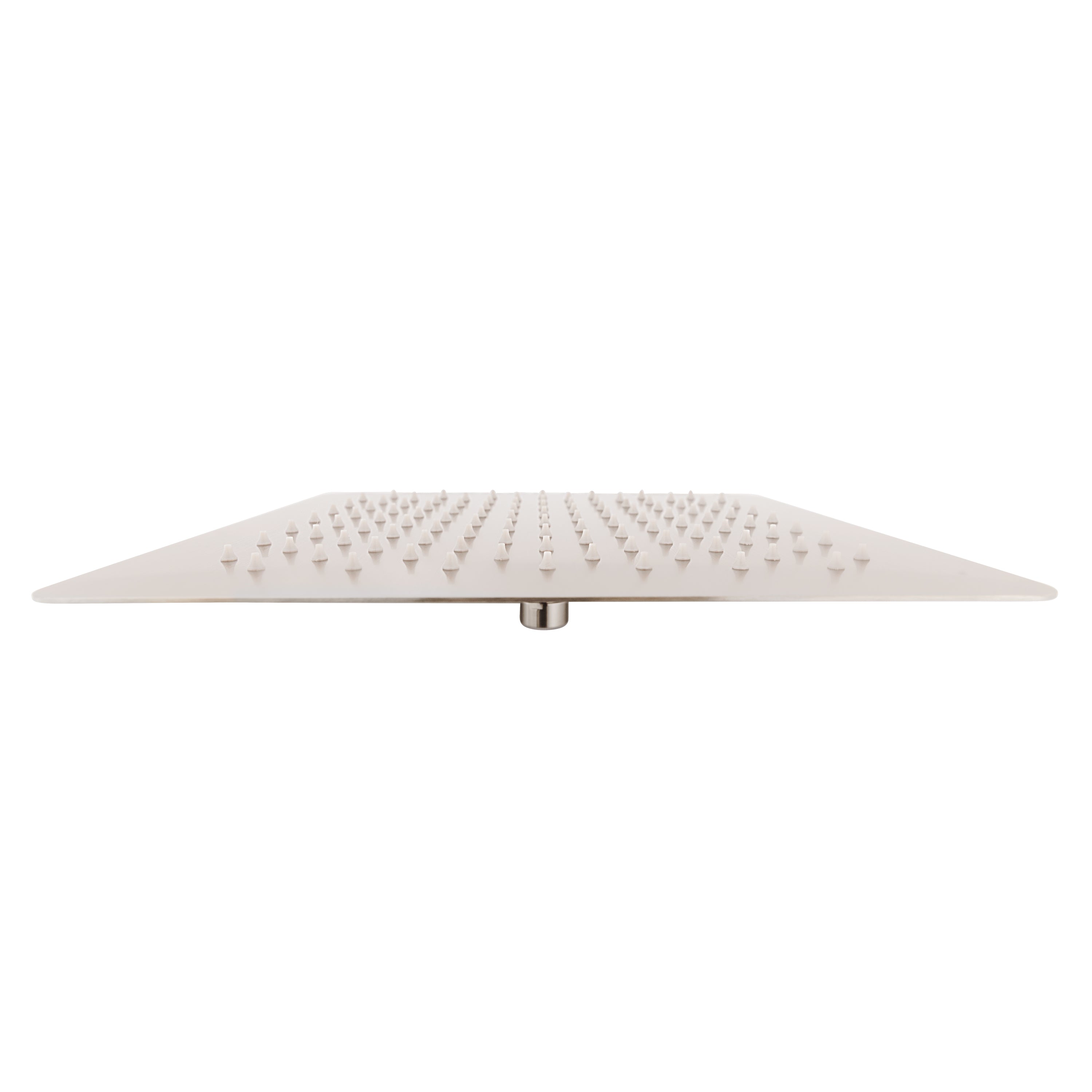 Brushed nickel overhead shower head with full spray nozzle panel and central stem