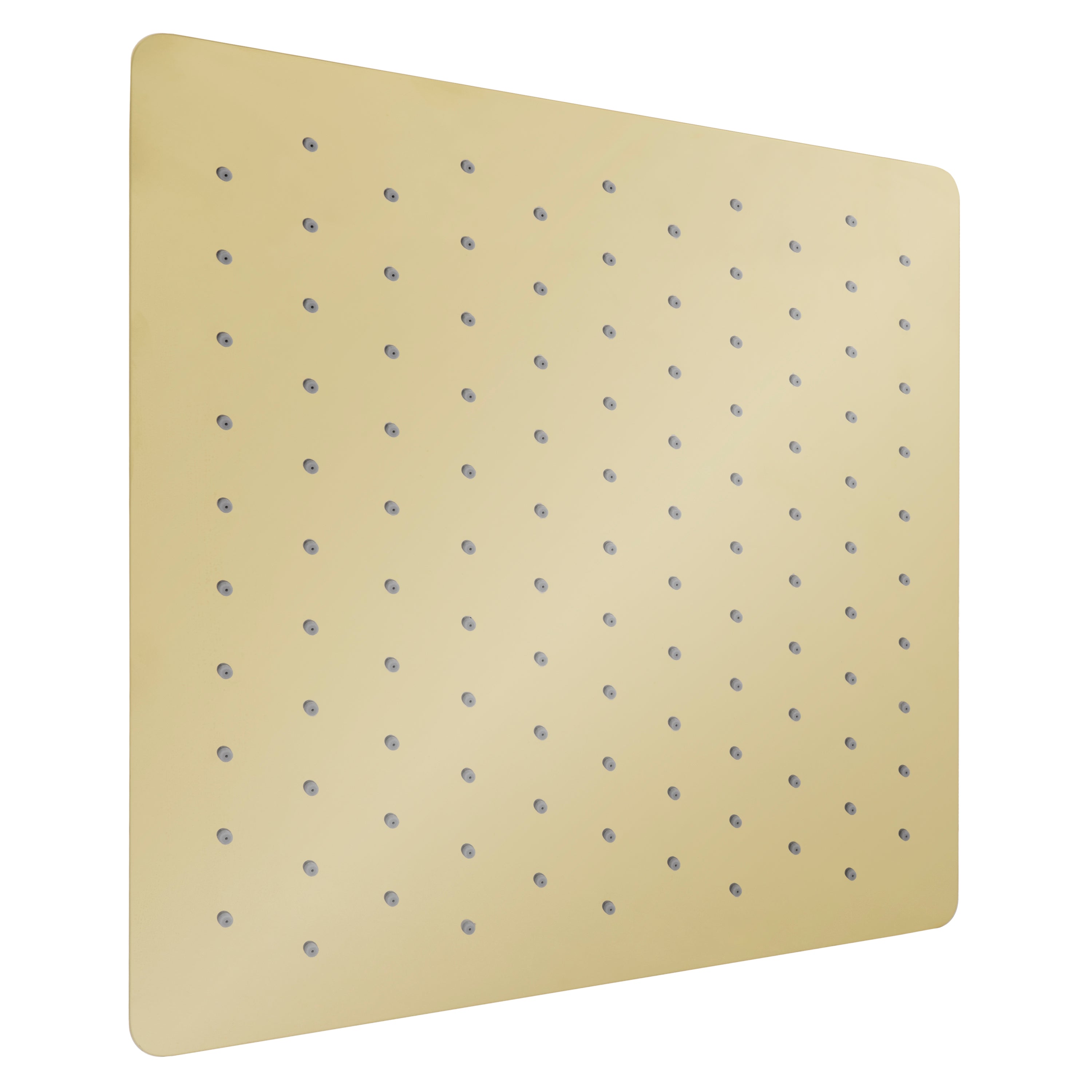 Polished gold 16-inch overhead shower head with evenly spaced spray jets