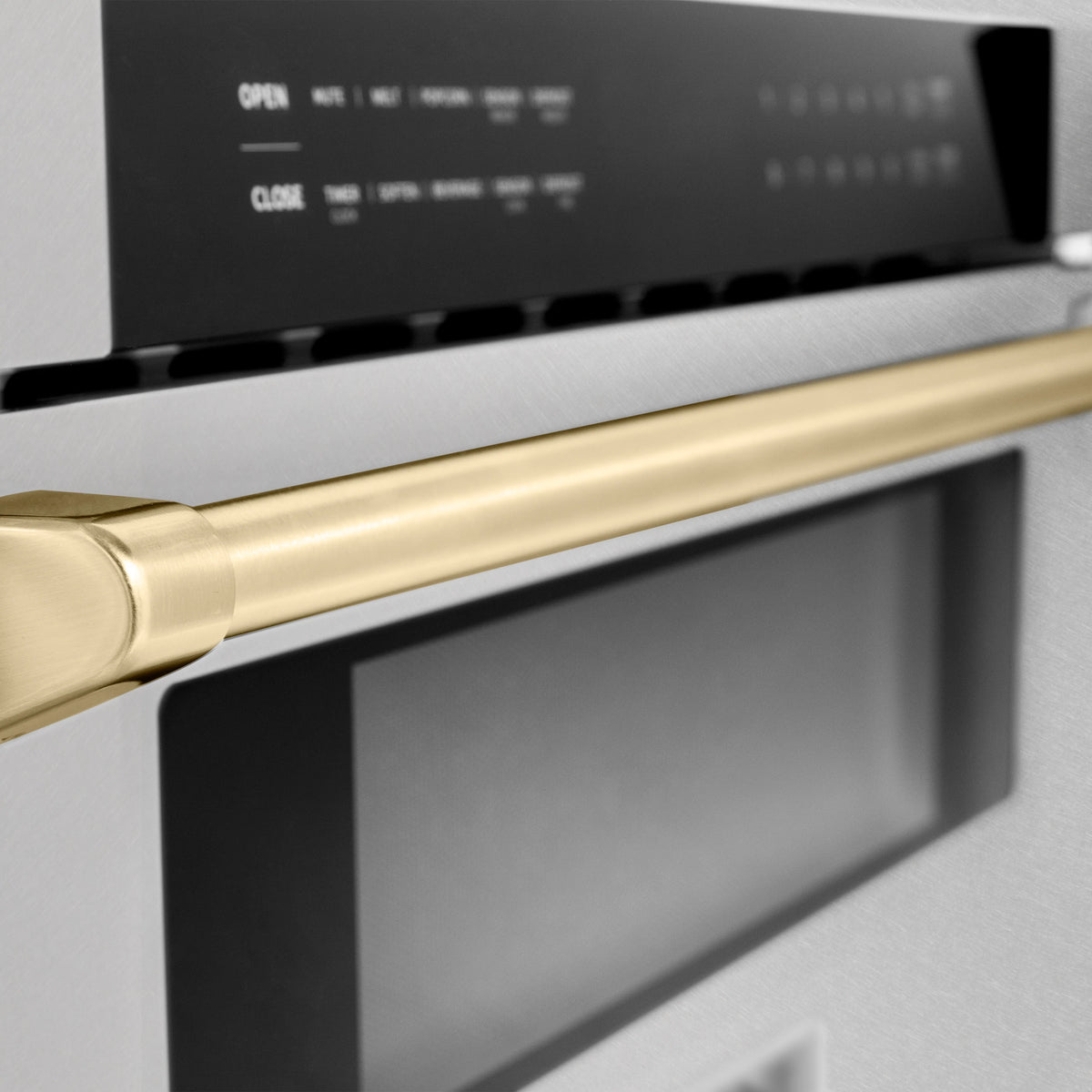 Gold-finish microwave drawer handle bar with black control panel above