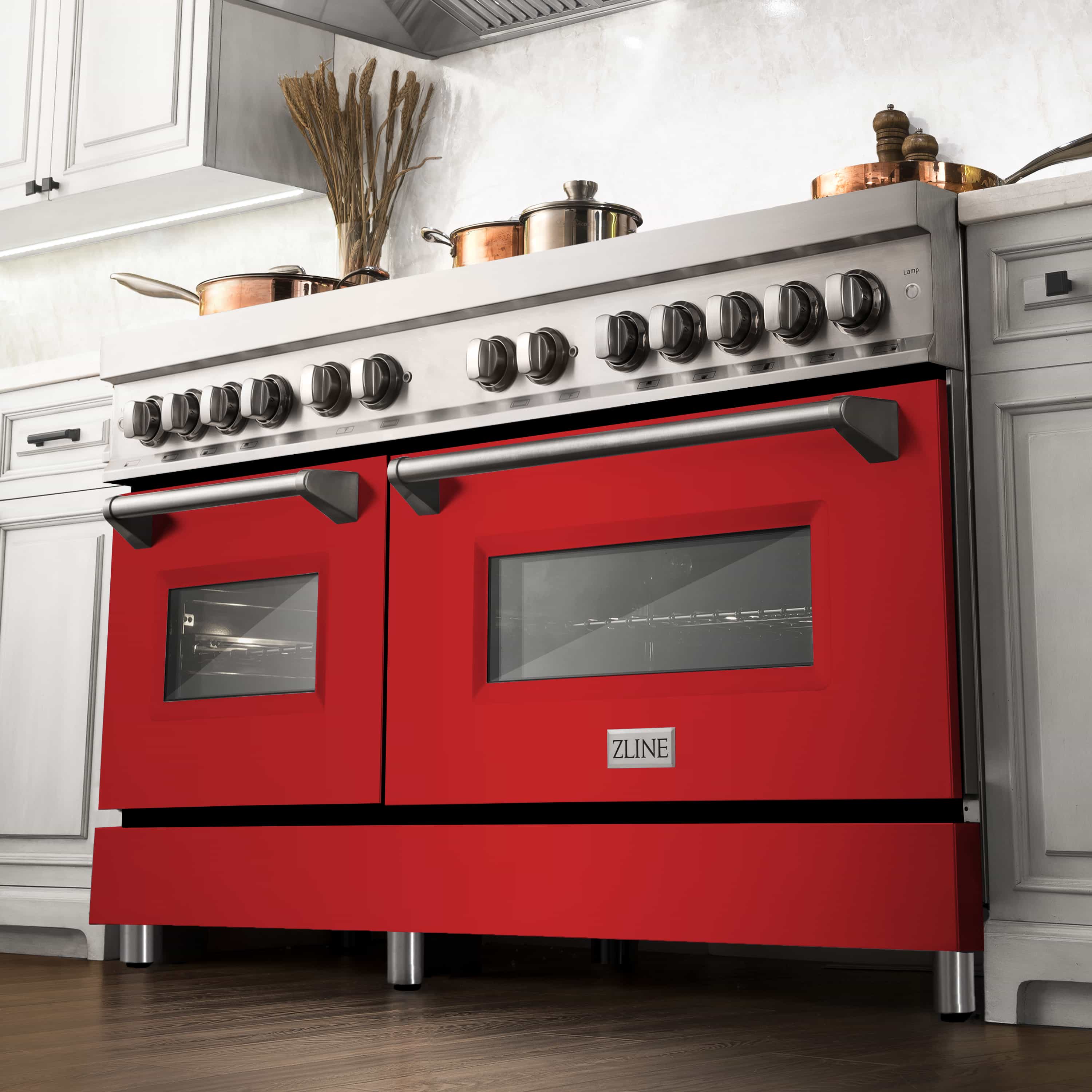 Stainless dual-fuel range with red matte oven doors and burner knob panel