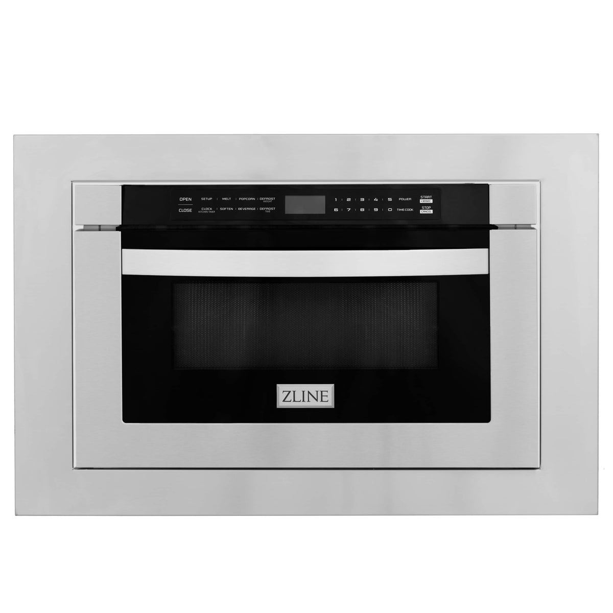 Microwave drawer trim kit frame with black glass microwave drawer and ZLINE logo
