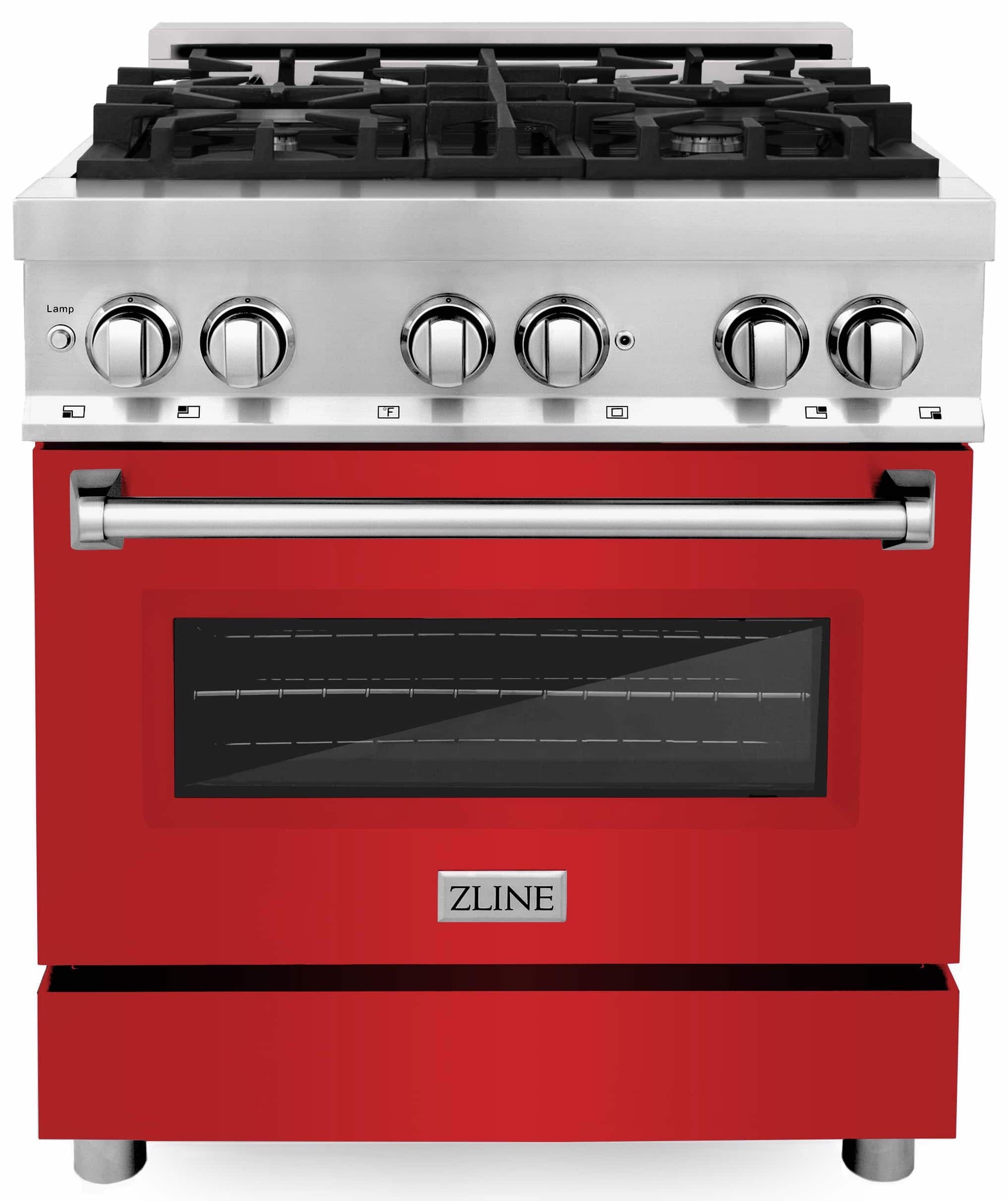 Red matte oven door gas range with chrome control knobs and handle
