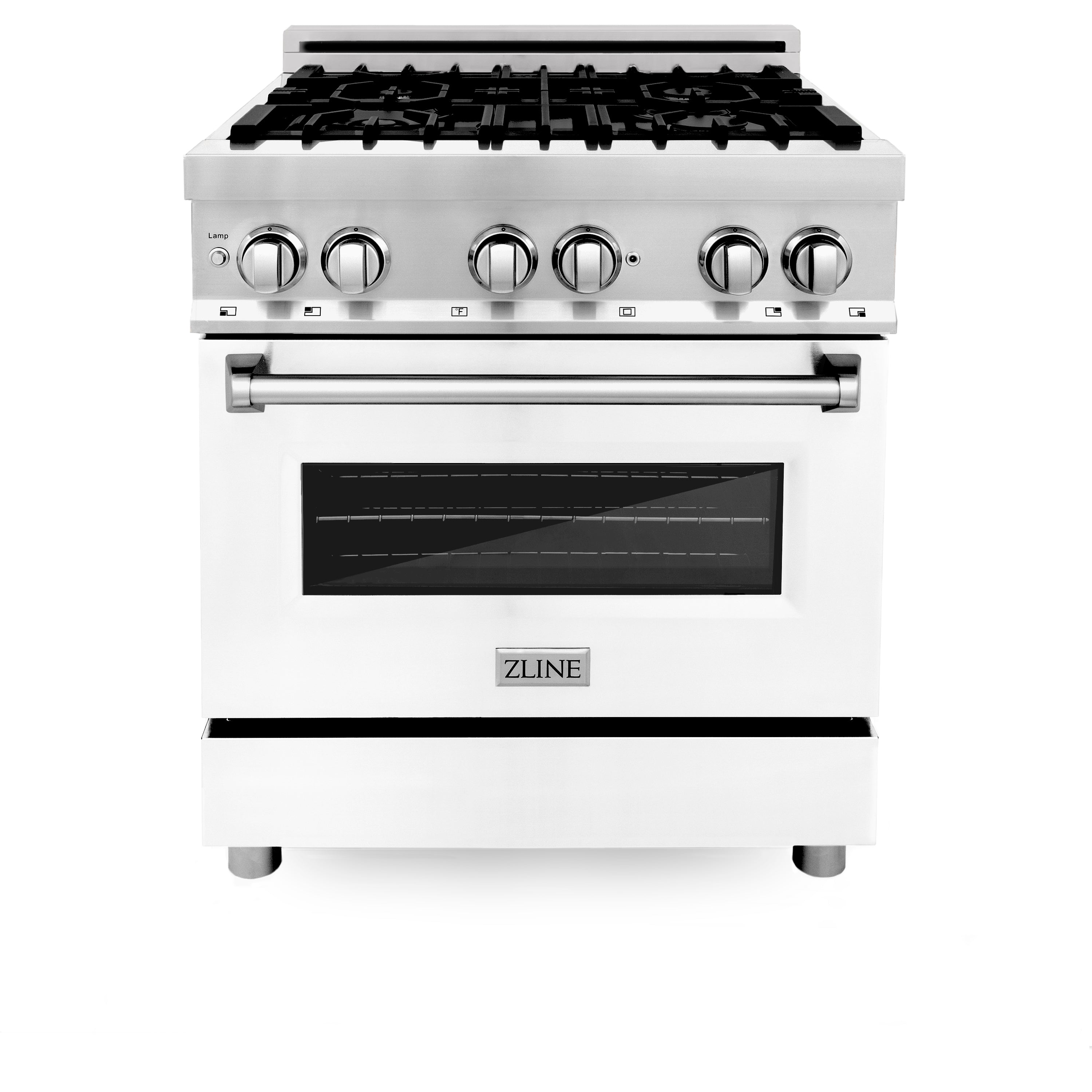 Stainless steel dual fuel range with griddle and four gas burners, front view