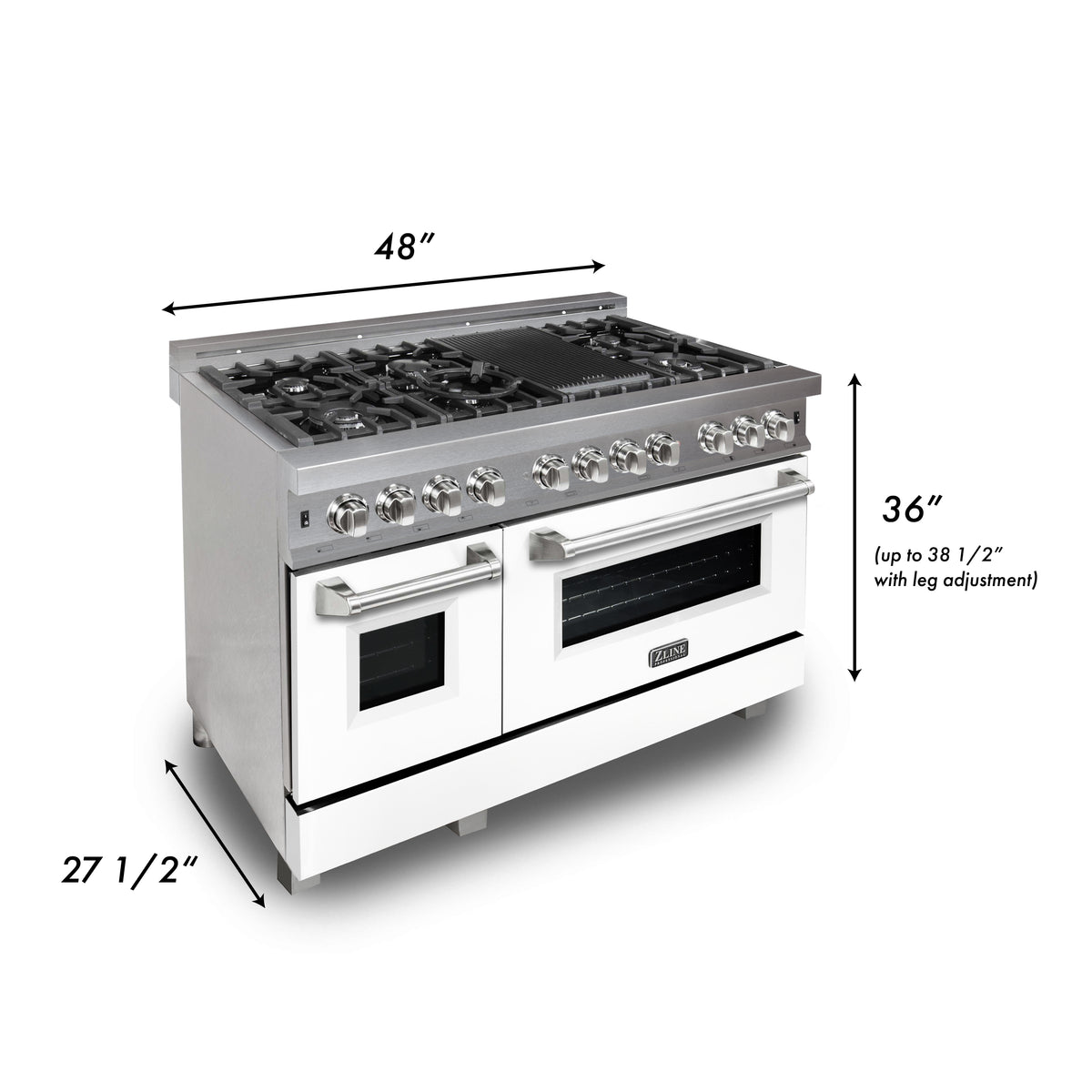 Stainless steel 48-inch dual fuel range with gas cooktop, griddle, and two ovens; dimensions shown