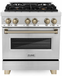 ZLINE Legacy Series Autograph Edition 30-inch Dual Fuel Range with Gas Stove and 4.0 Cu. Ft. Electric Oven in Stainless Steel with Champagne Bronze Accents (RAZ-30-CB)
