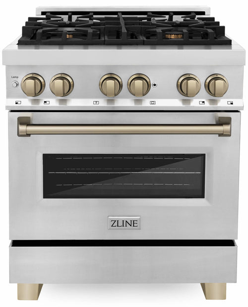 Stainless steel dual-fuel range with brass gold control knobs and oven window