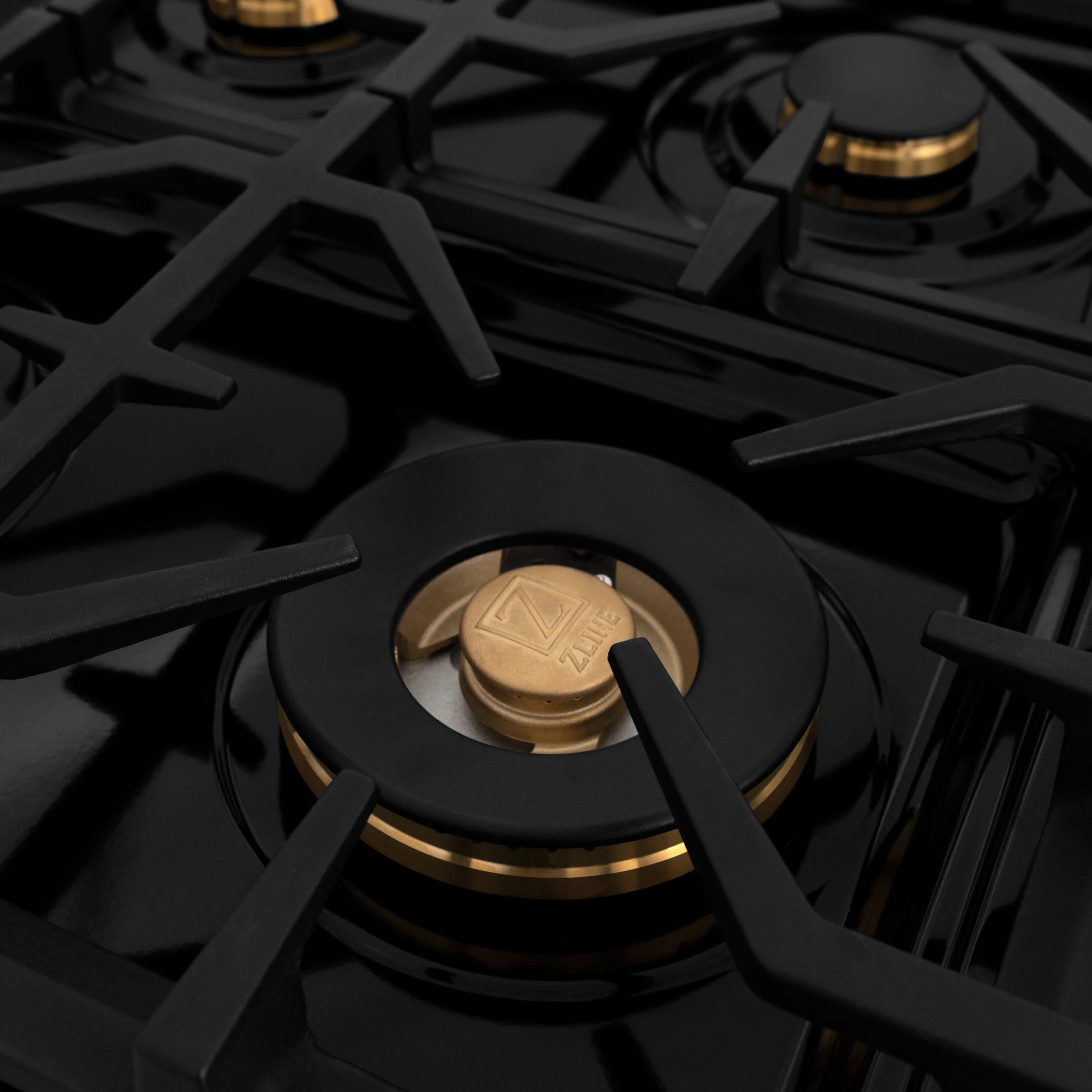 Close-up of a black burner cap with champagne bronze ring details on gas cooktop