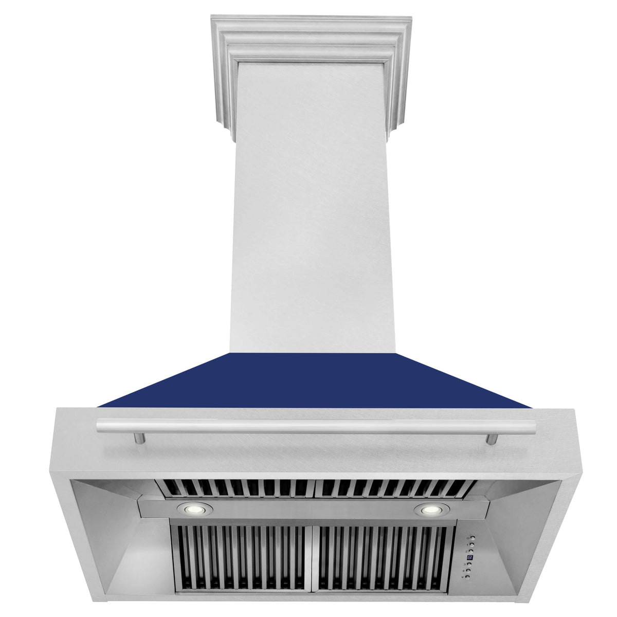 Stainless steel wall mount range hood with blue baffle, front vent grilles