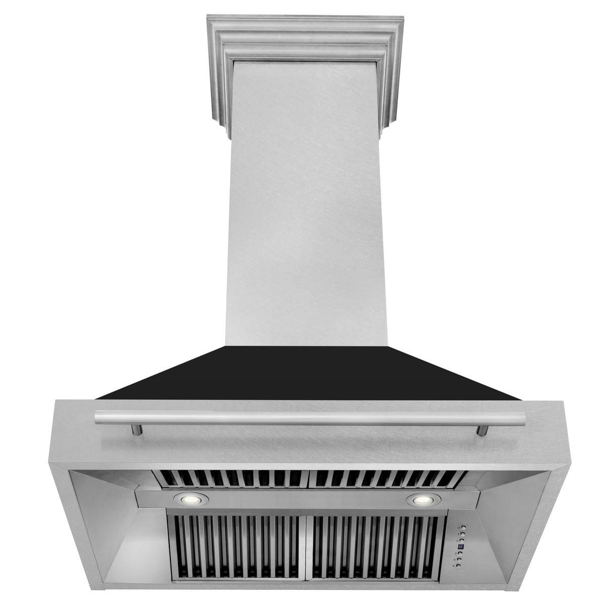 Under-hood vent and satin stainless filter tray on a wall mount range hood