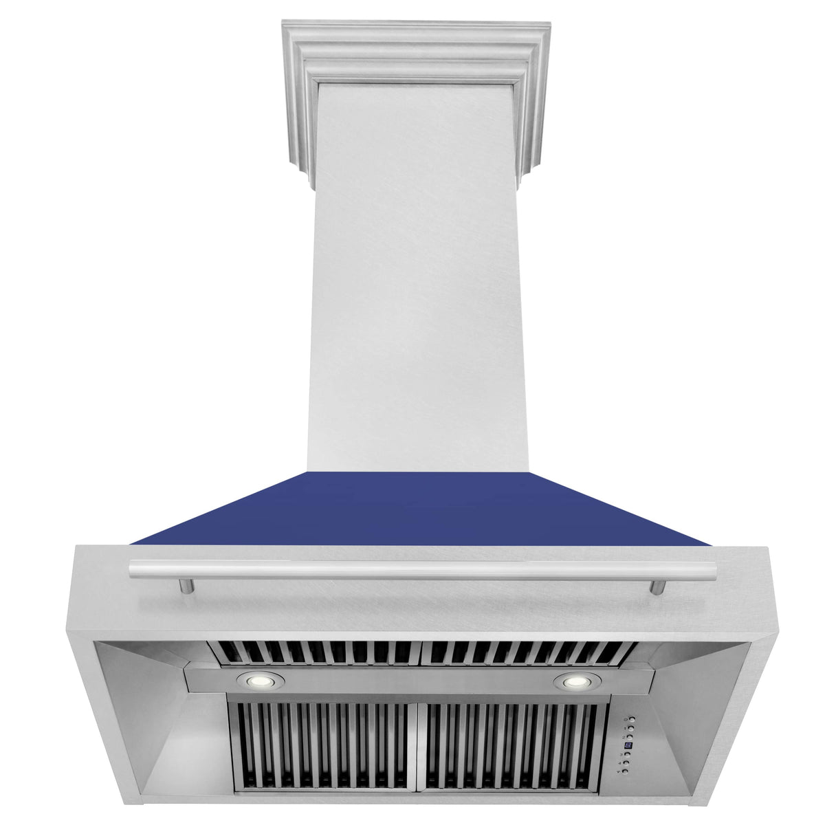 Wall mount range hood with satin stainless chimney and blue matte canopy, underside view