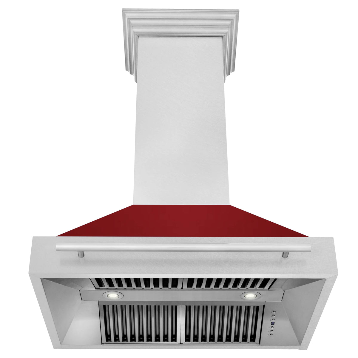 Wall mount range hood underside with red glossy filter area, satin stainless frame, vent openings