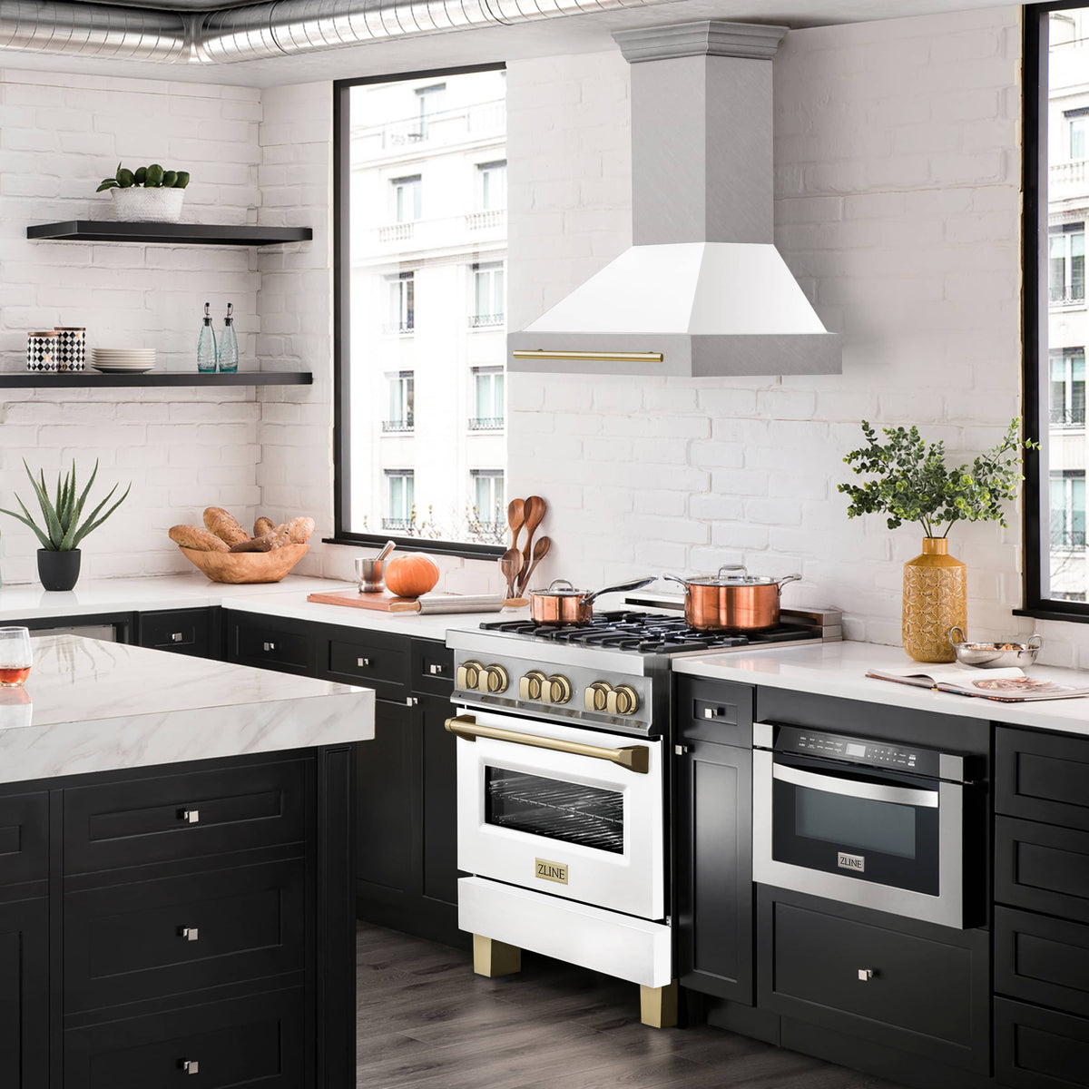 Wall mount range hood with gold-trimmed vent and white chimney, mounted above stove