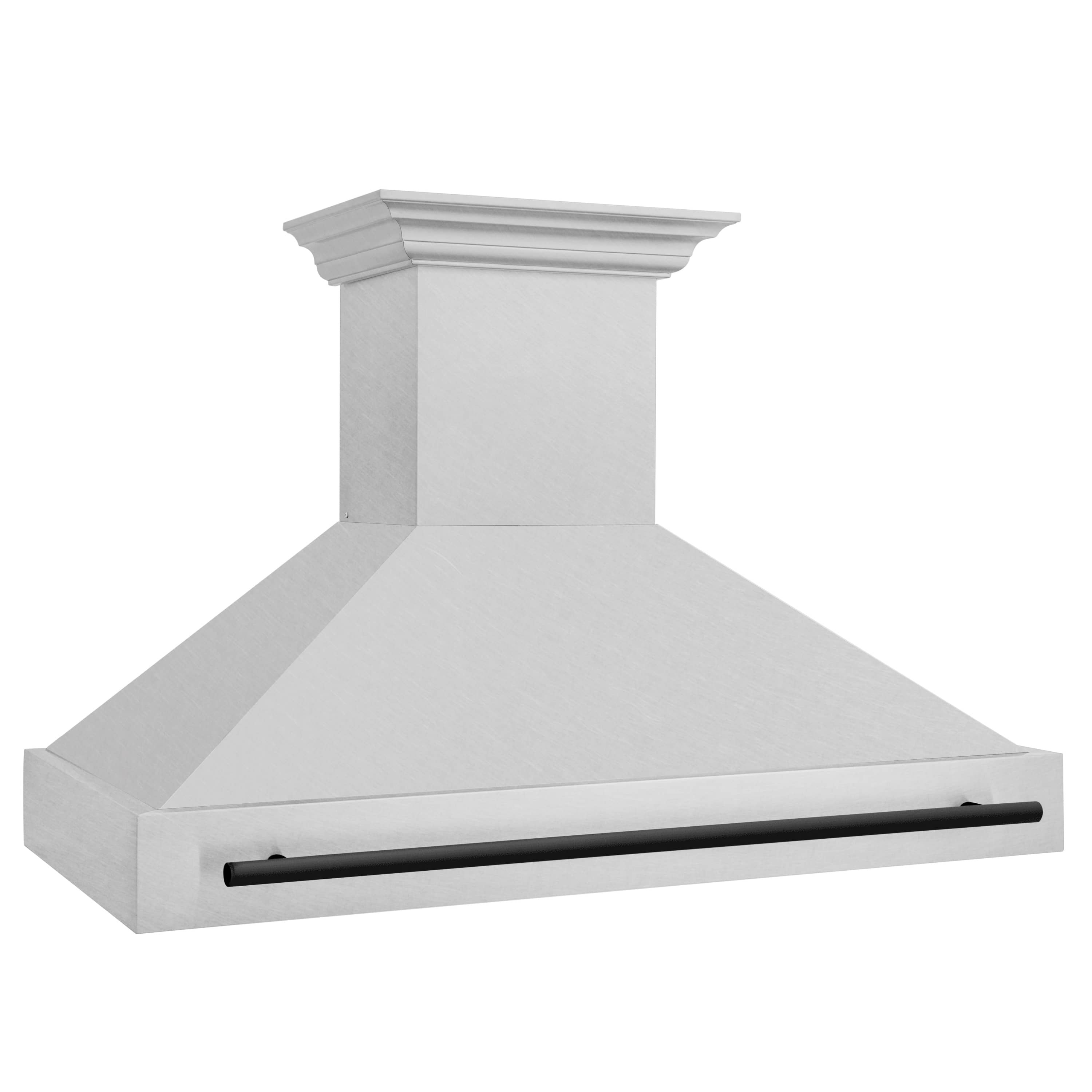 Wall-mounted range hood with satin stainless body and black horizontal handle bar